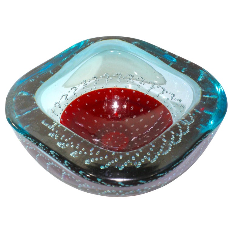 Large Galliano Ferro Red And Blue Controlled Bubbles Murano Glass Bowl