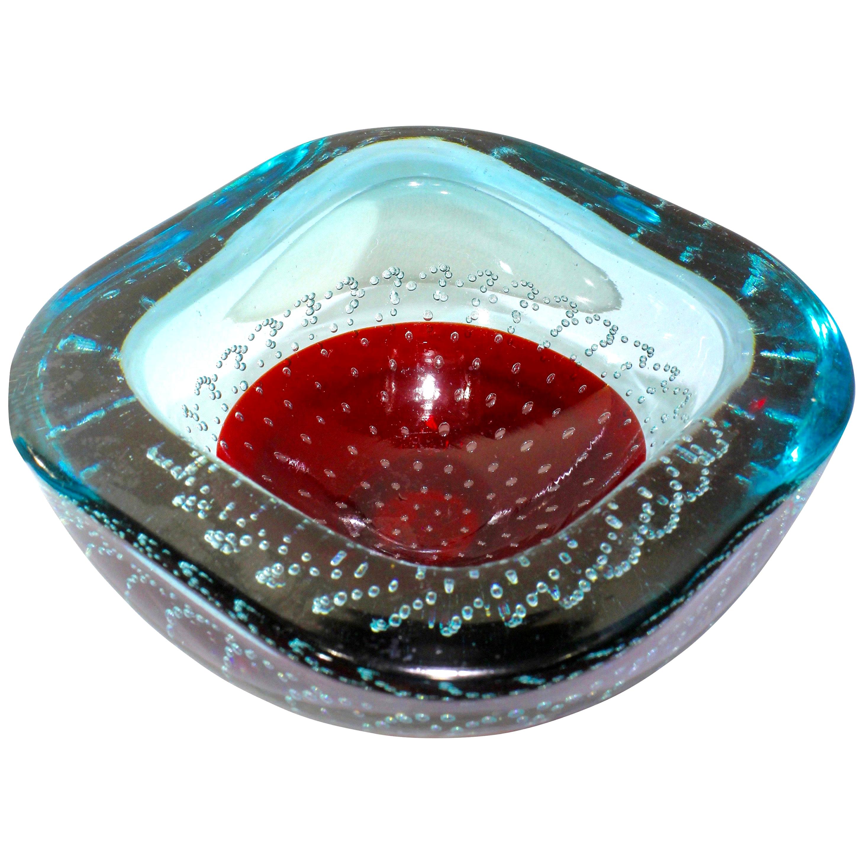  Galliano Ferro Red and Blue Controlled Bubbles Murano Glass Bowl