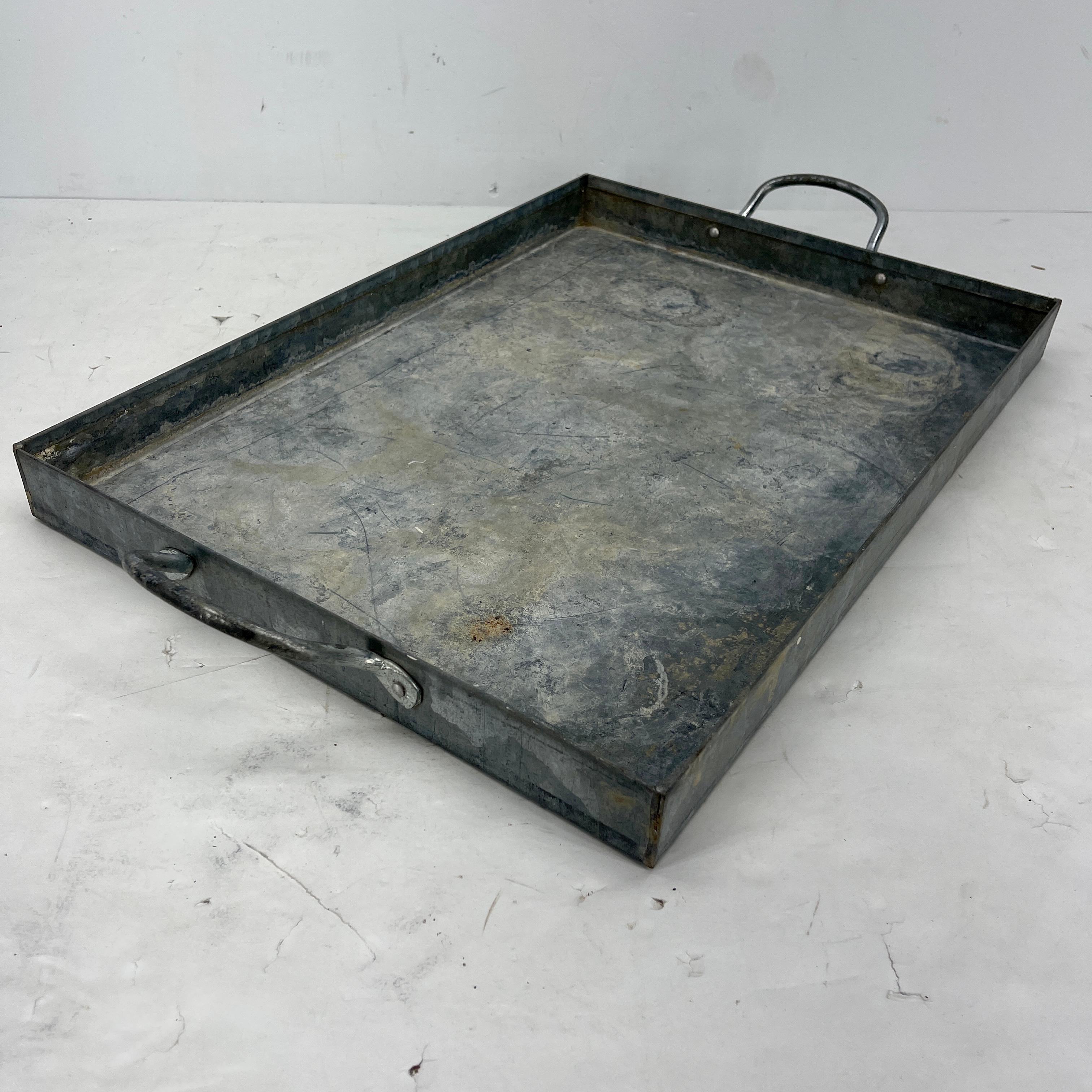 Mid-Century Modern Large Galvanized Metal Serving Tray with Handles