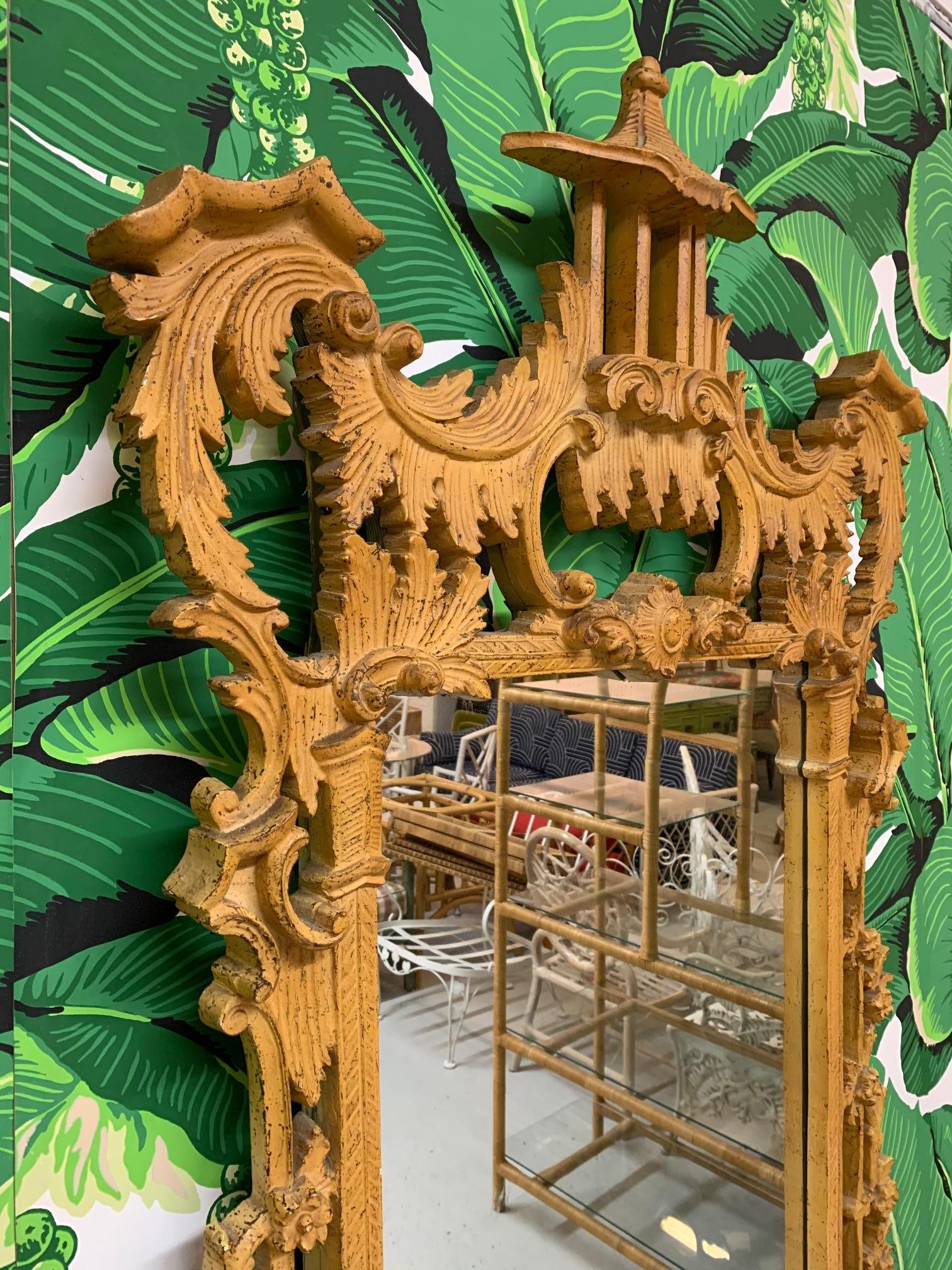 Large pagoda style wall mirror by Gampel-Stoll offers any decor a touch of Asian chinoiserie style. Carved wood and heavy wood backing. Very good condition with only very minor imperfections consistent with age.