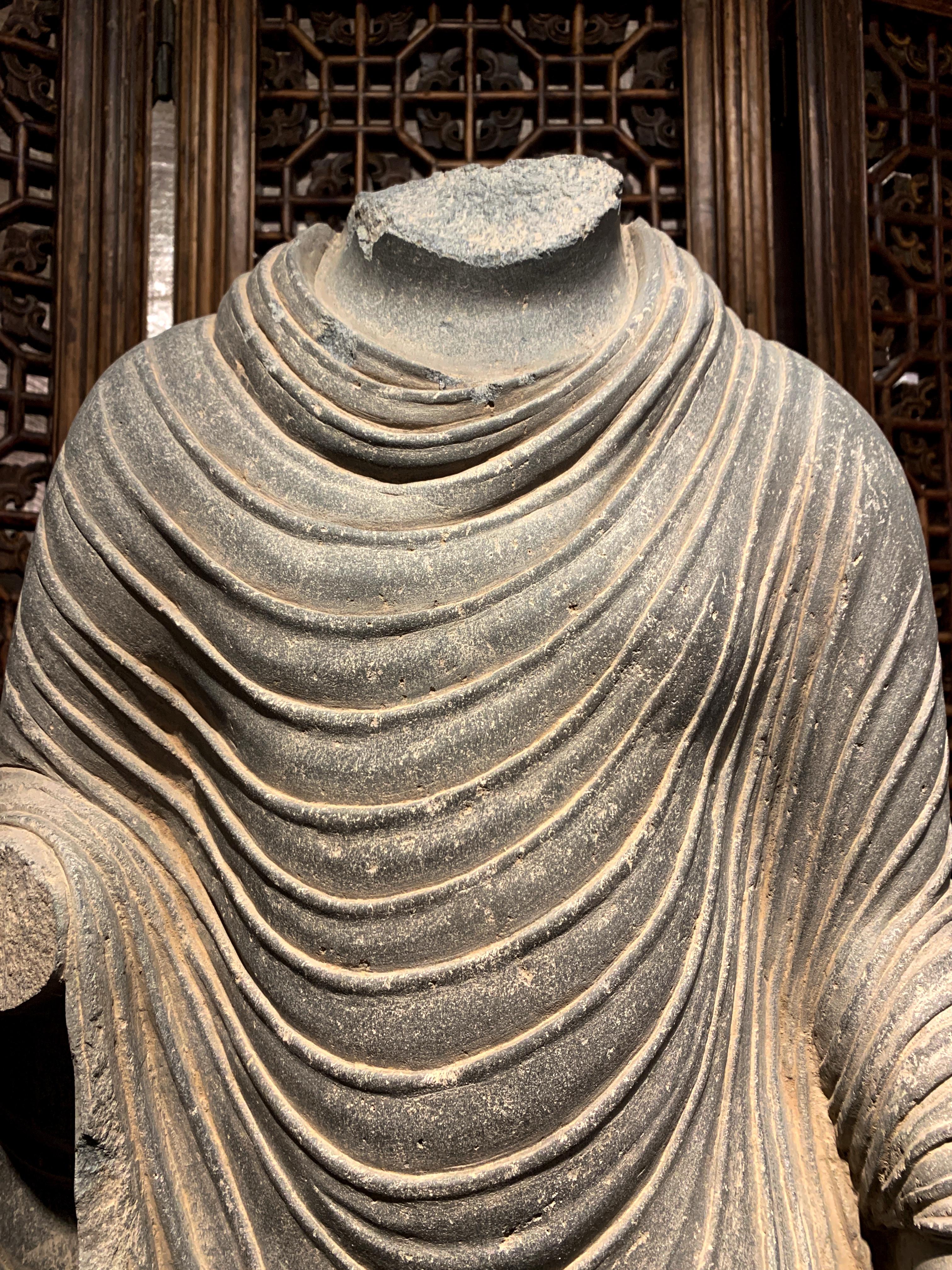 Large Gandharan Standing Buddha Torso, Carved Gray Schist, 2nd-3rd Century 1