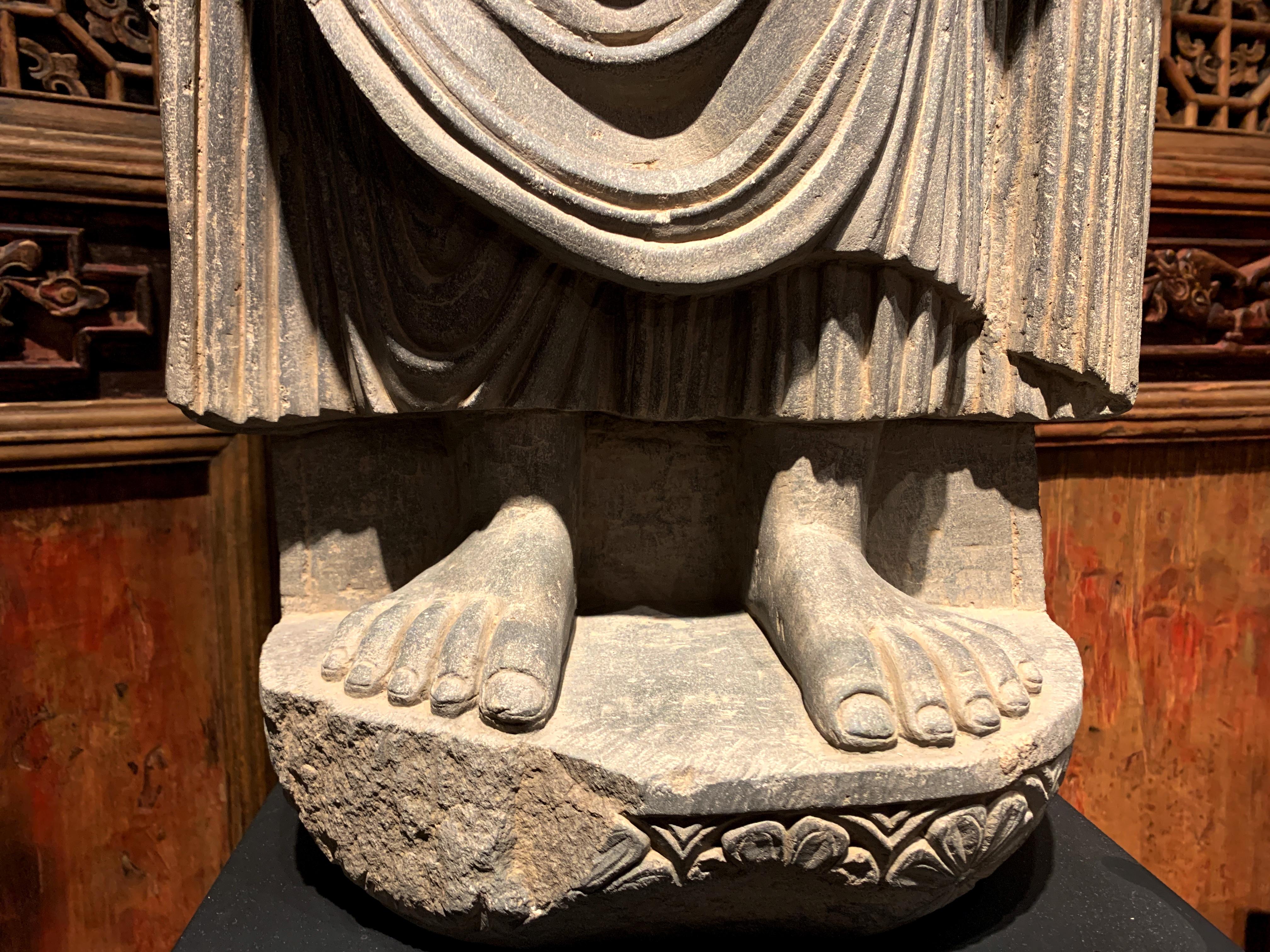 Large Gandharan Standing Buddha Torso, Carved Gray Schist, 2nd-3rd Century 6