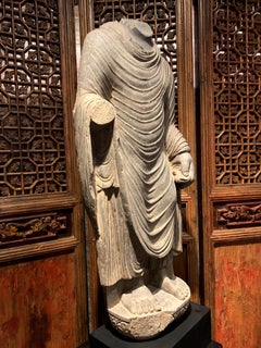 Large Gandharan Standing Buddha Torso, Carved Gray Schist, 2nd-3rd Century