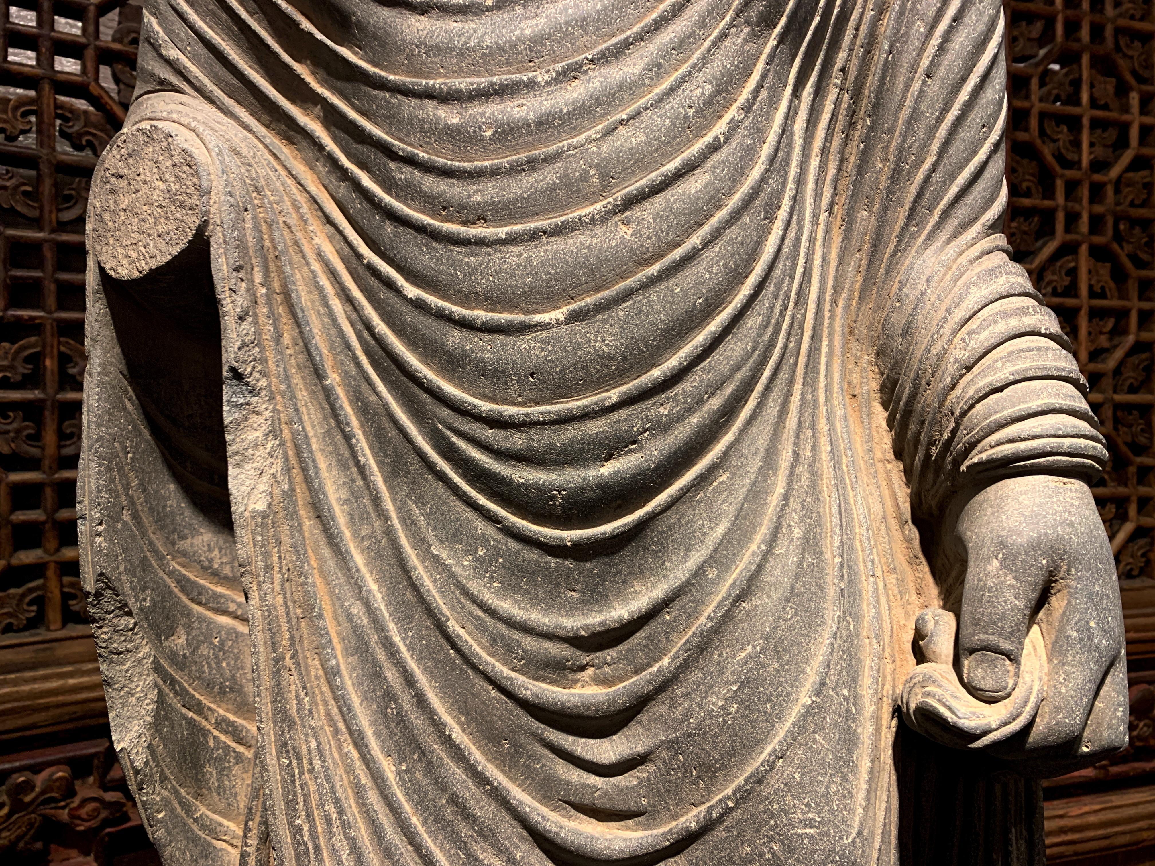 Hand-Carved Large Gandharan Standing Buddha Torso, Carved Gray Schist, 2nd-3rd Century