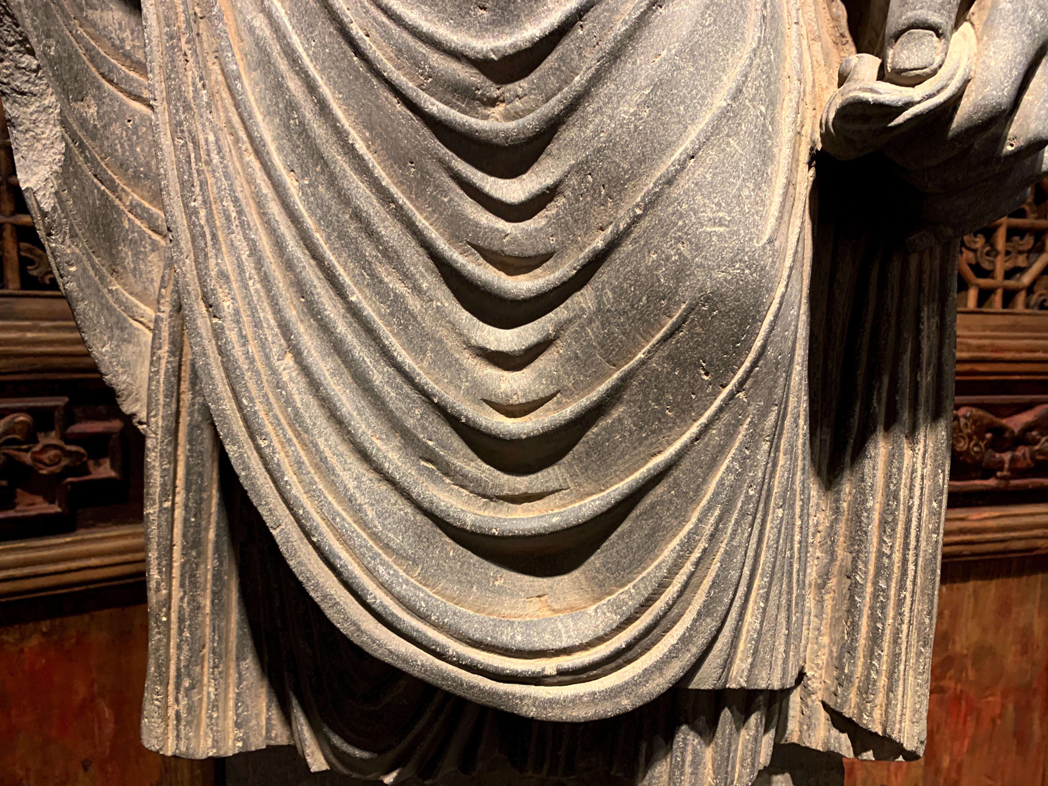 Large Gandharan Standing Buddha Torso, Carved Gray Schist, 2nd-3rd Century In Good Condition In Austin, TX