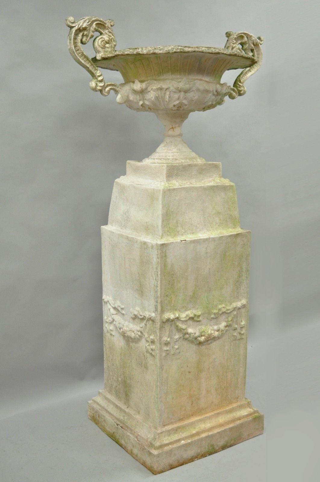 Large garden urn water fountain made of molded fiberglass in the classical style. Item features large substantial size, double handles, large urn form on pedestal (single piece), original verdigris finish from use over the years. Impressive concrete