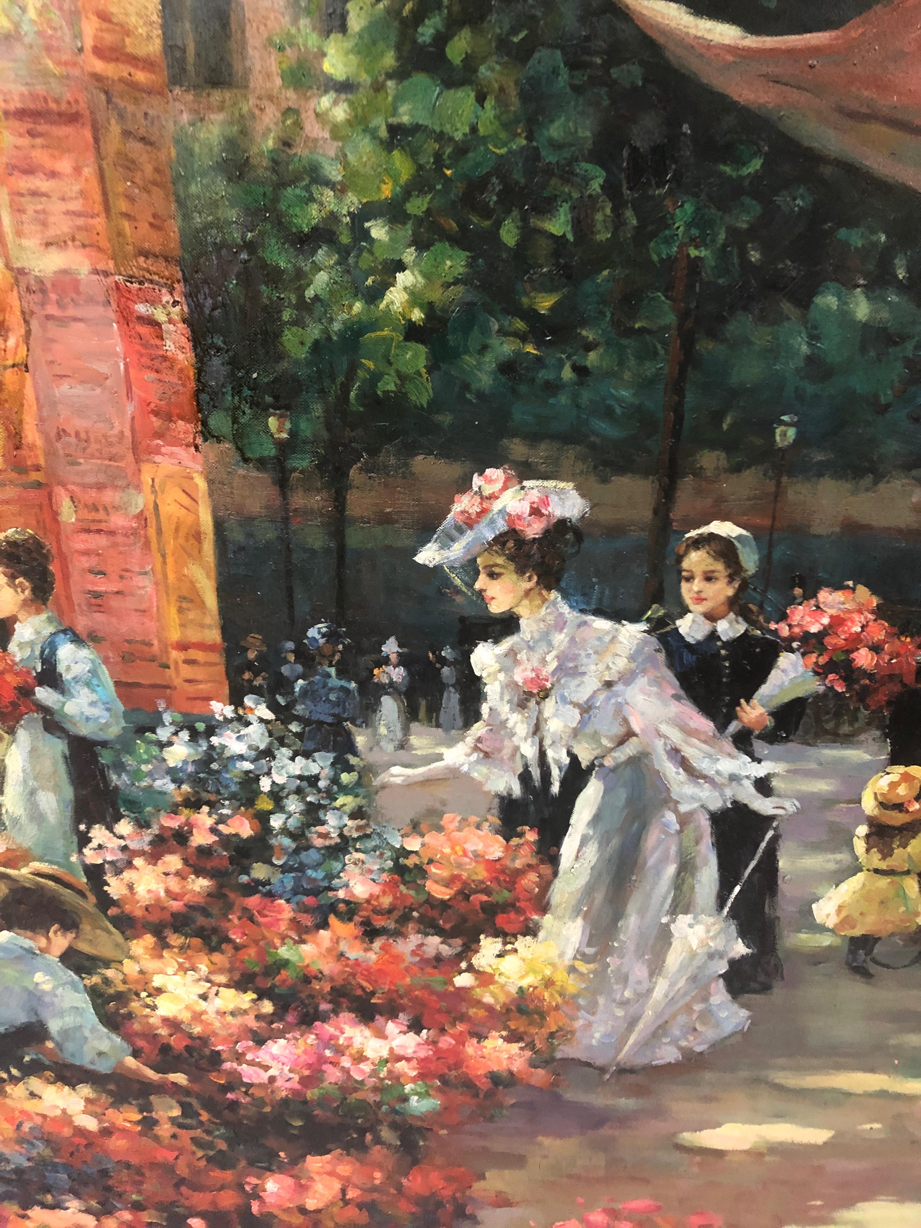 Beautifully rendered and gigantic oil on canvas of a sun dappled turn of the century French street scene with gorgeous ladies shopping for flowers, children with their nannies, a horse drawn carraige, cafe sign, etc. The more you look the more