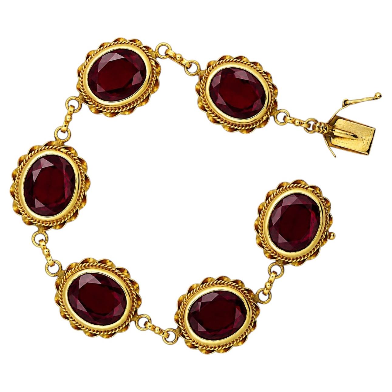Estate 14K Yellow Gold Bracelet with Six Oval Cut Garnets, 1980s