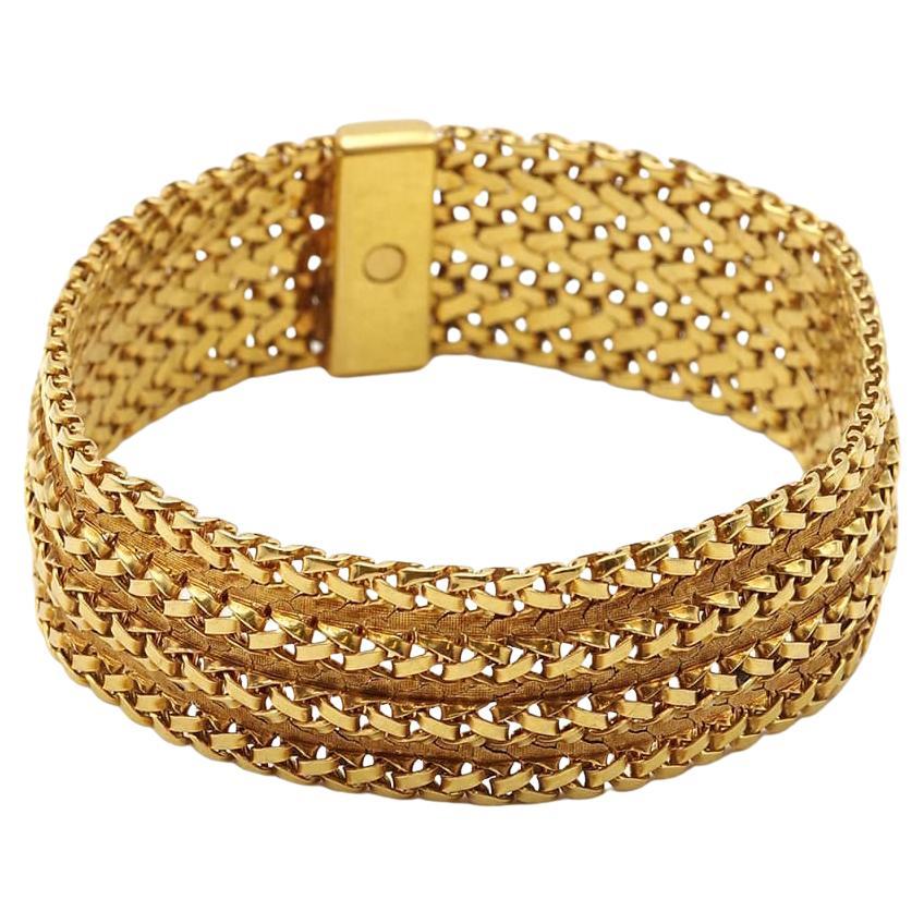 Bracciale a fascia grande Gay Frères, maglia flessibile francese vintage a 18k intrecciata