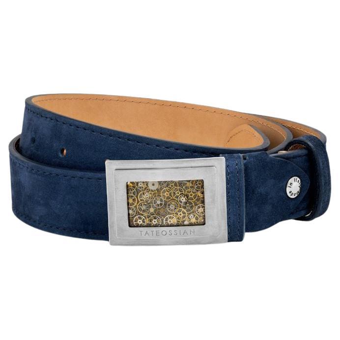 Large Gear Buckle Belt in Navy Leather & Brushed Titanium Clasp, Size S For Sale