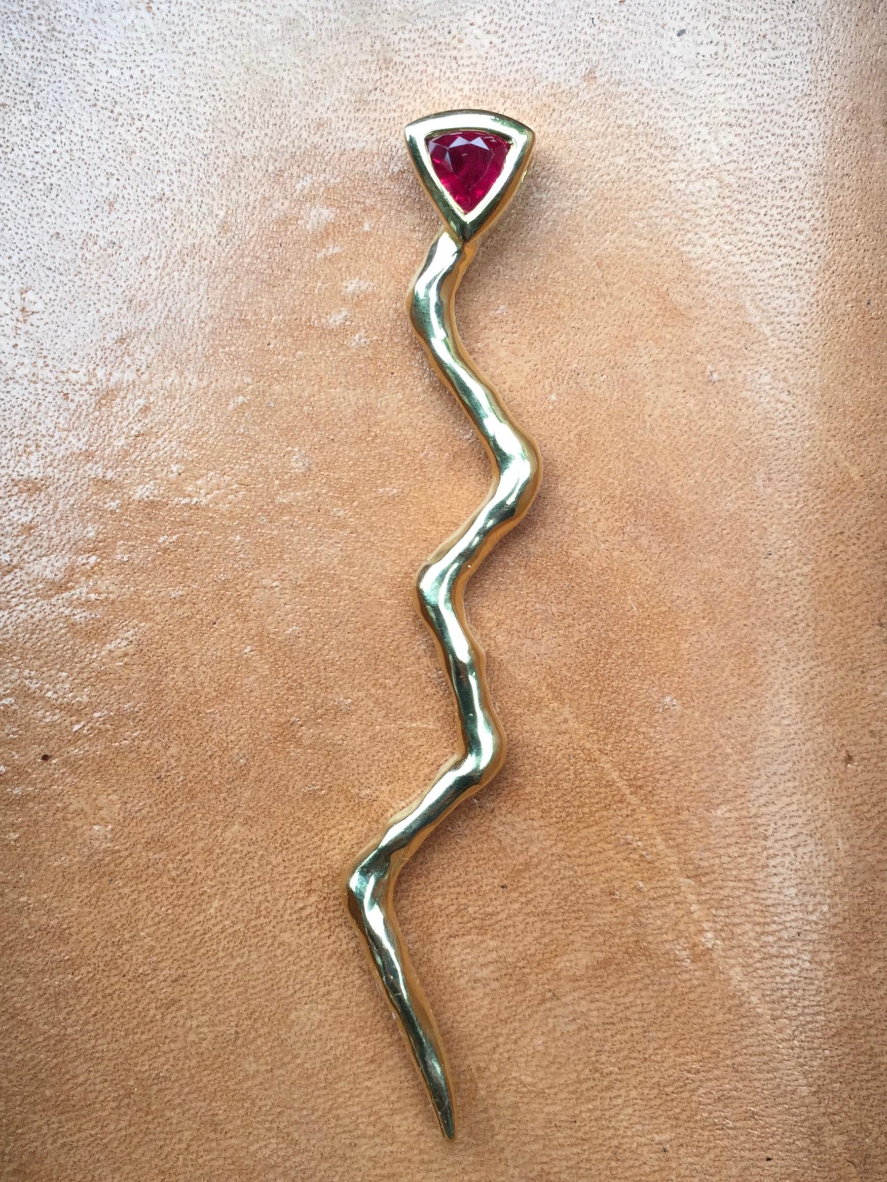 Artisan Large Gemfields Ruby and 18 Karat Solid Gold Lightening Pendant and Necklace For Sale