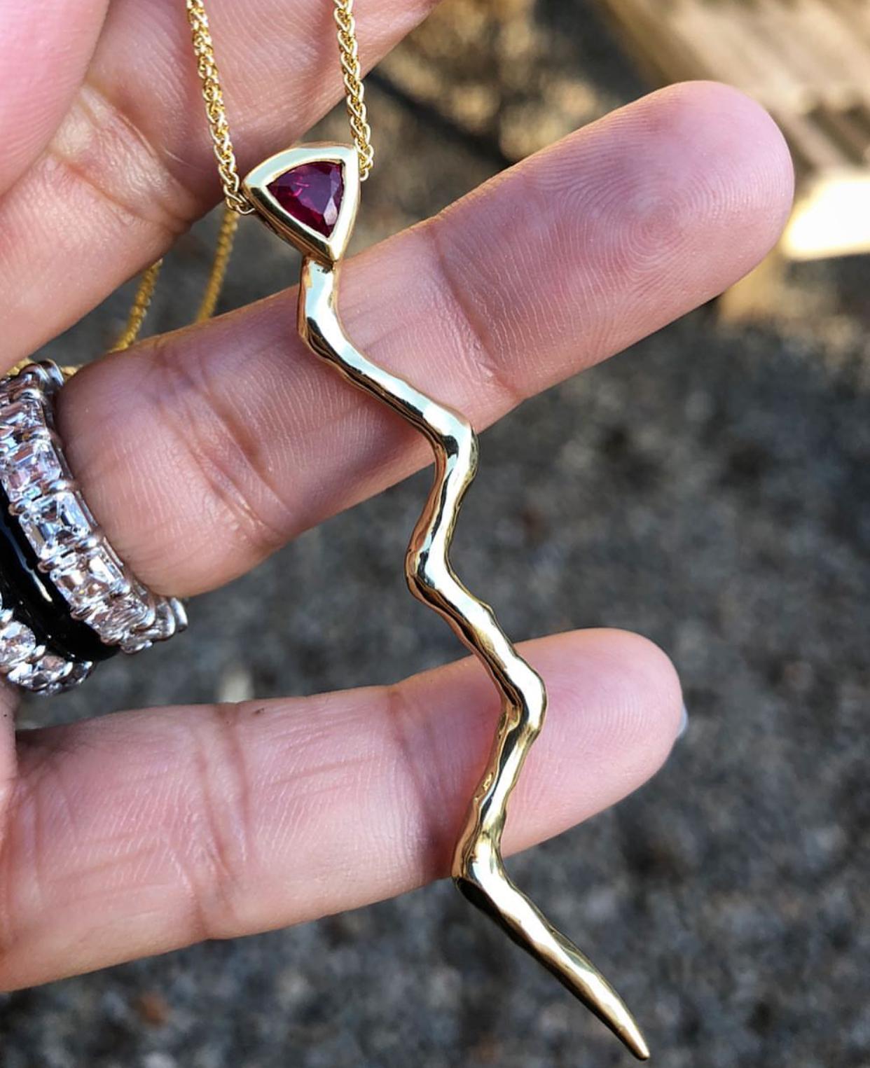 Large Gemfields Ruby and 18 Karat Solid Gold Lightening Pendant and Necklace In New Condition For Sale In Berkeley, CA