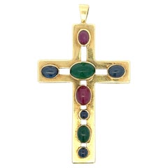 Large Gemstone Cabochon Ruby Emerald Sapphire Cross 18KT Yellow Gold 28 Grams