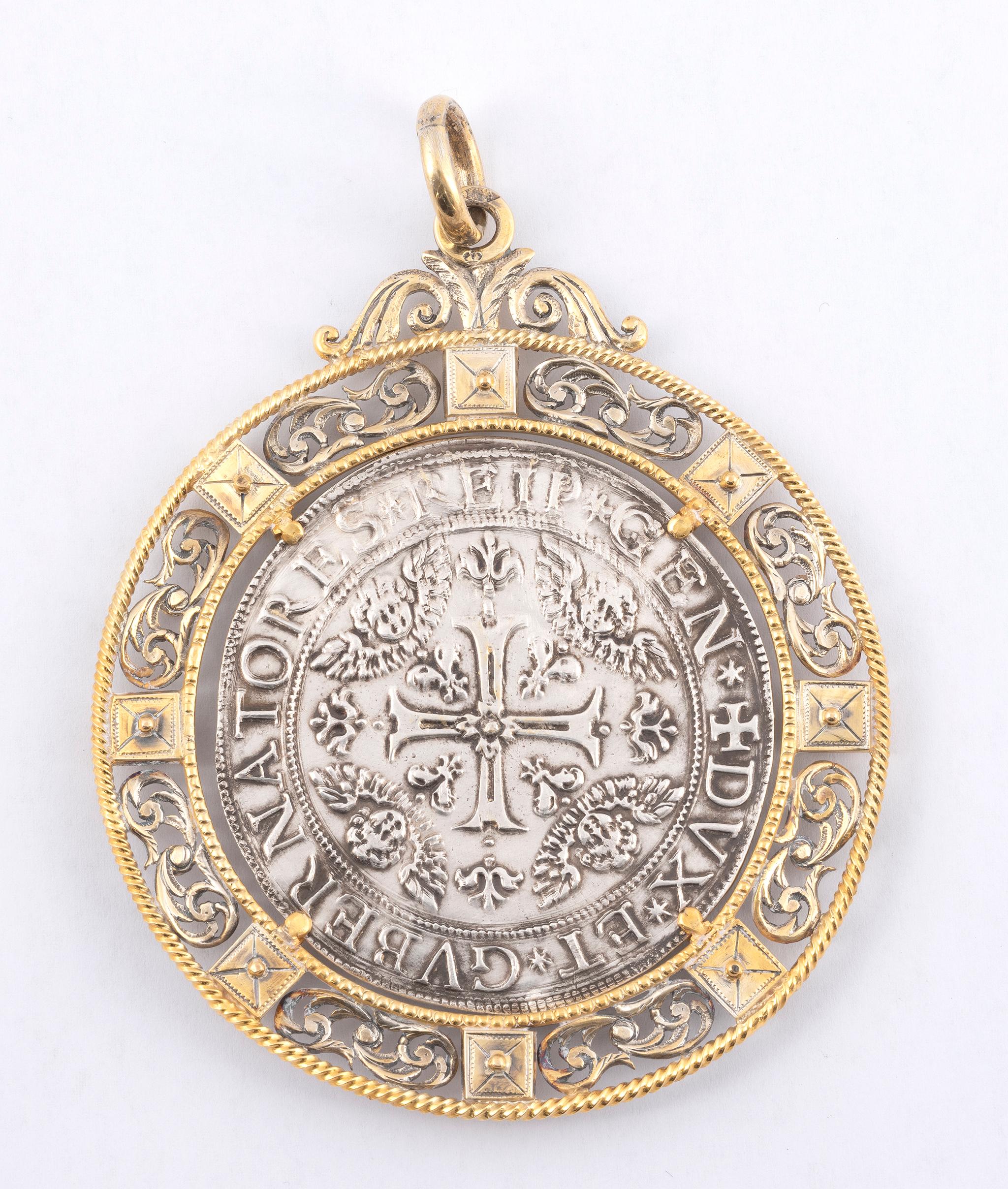 Oval Cut Large Genoa Silver Coin 1670 Pendant For Sale