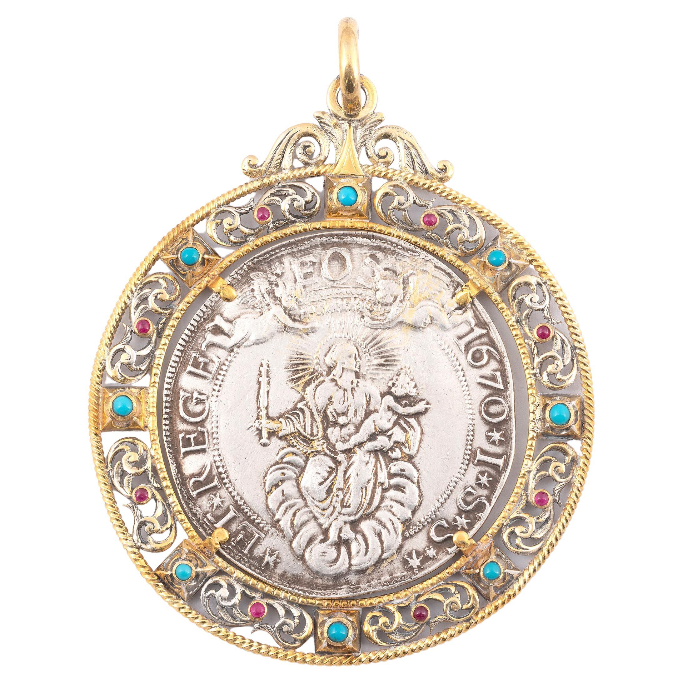 Large Genoa Silver Coin 1670 Pendant For Sale