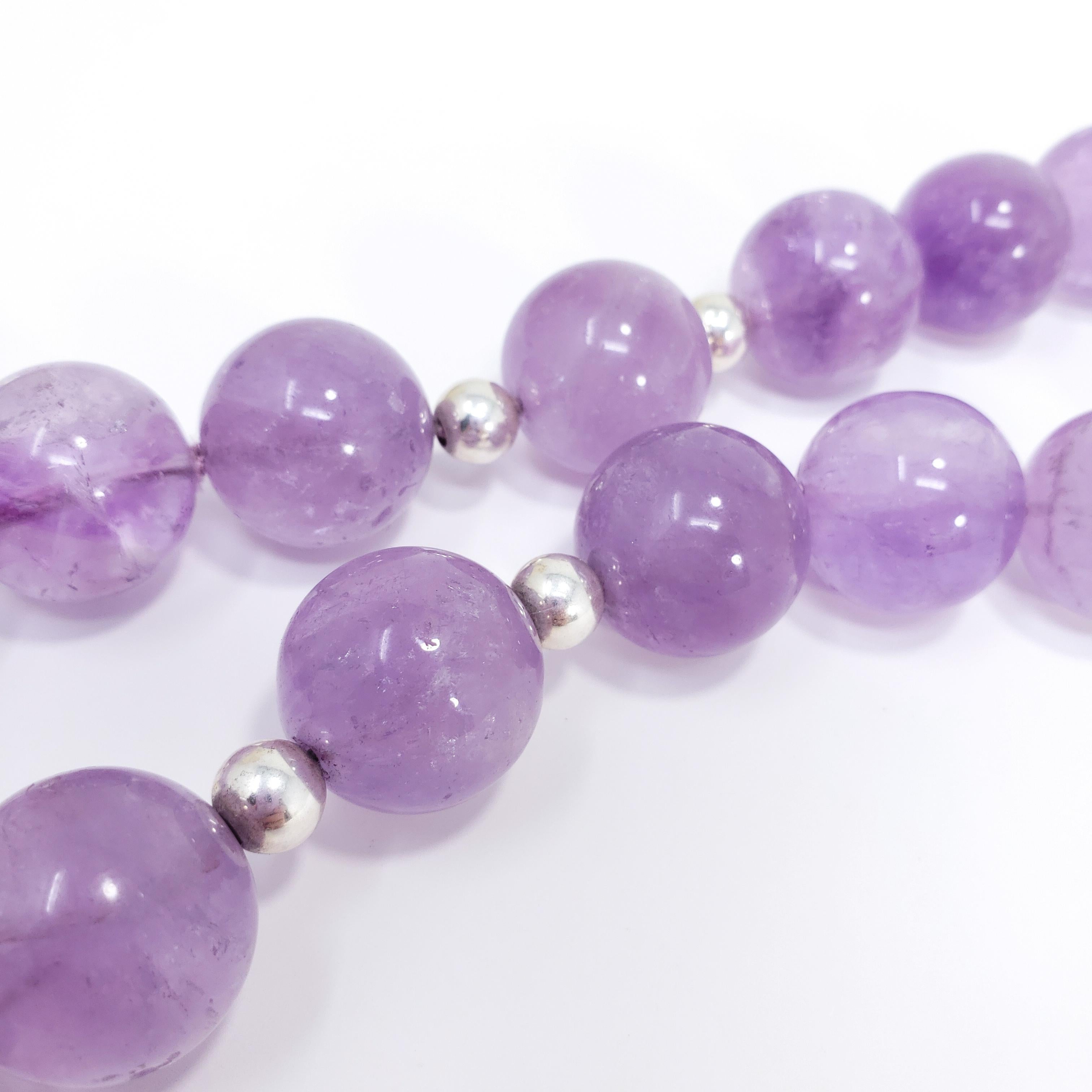Taille ronde Grand collier de perles en améthyste véritable de 20 mm avec perles en argent sterling, 46,25 cm en vente
