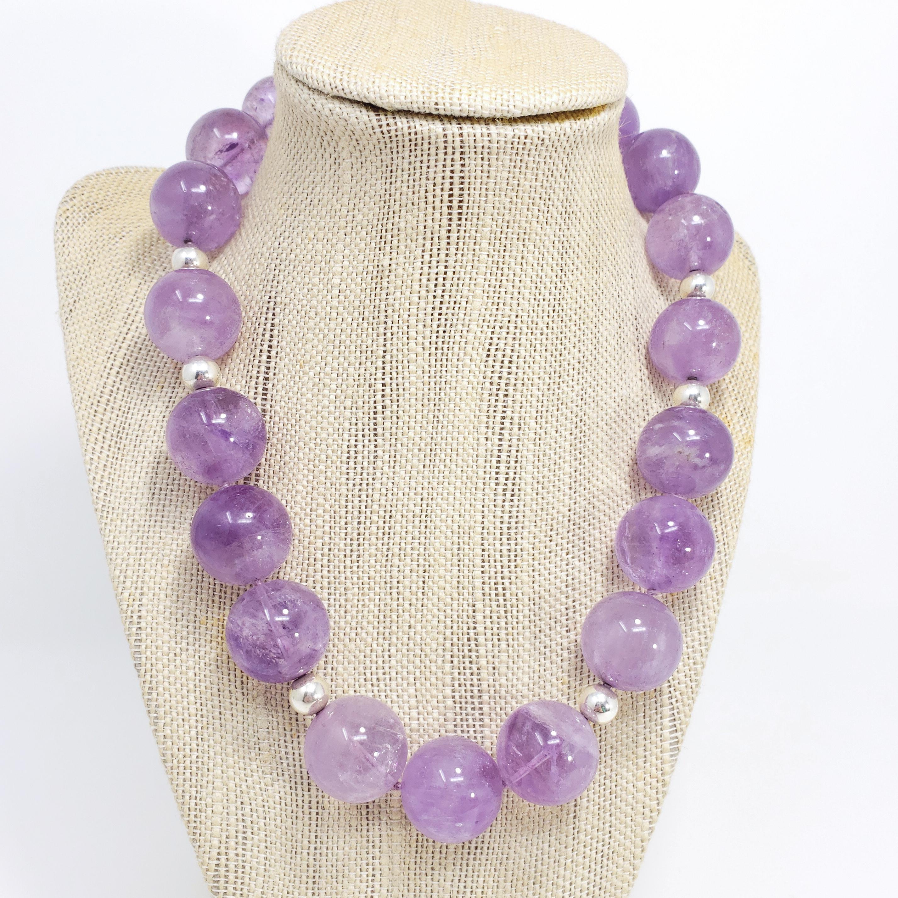 Round Cut Large Genuine Amethyst 20mm Bead Necklace with Sterling Silver Beads, 18.5