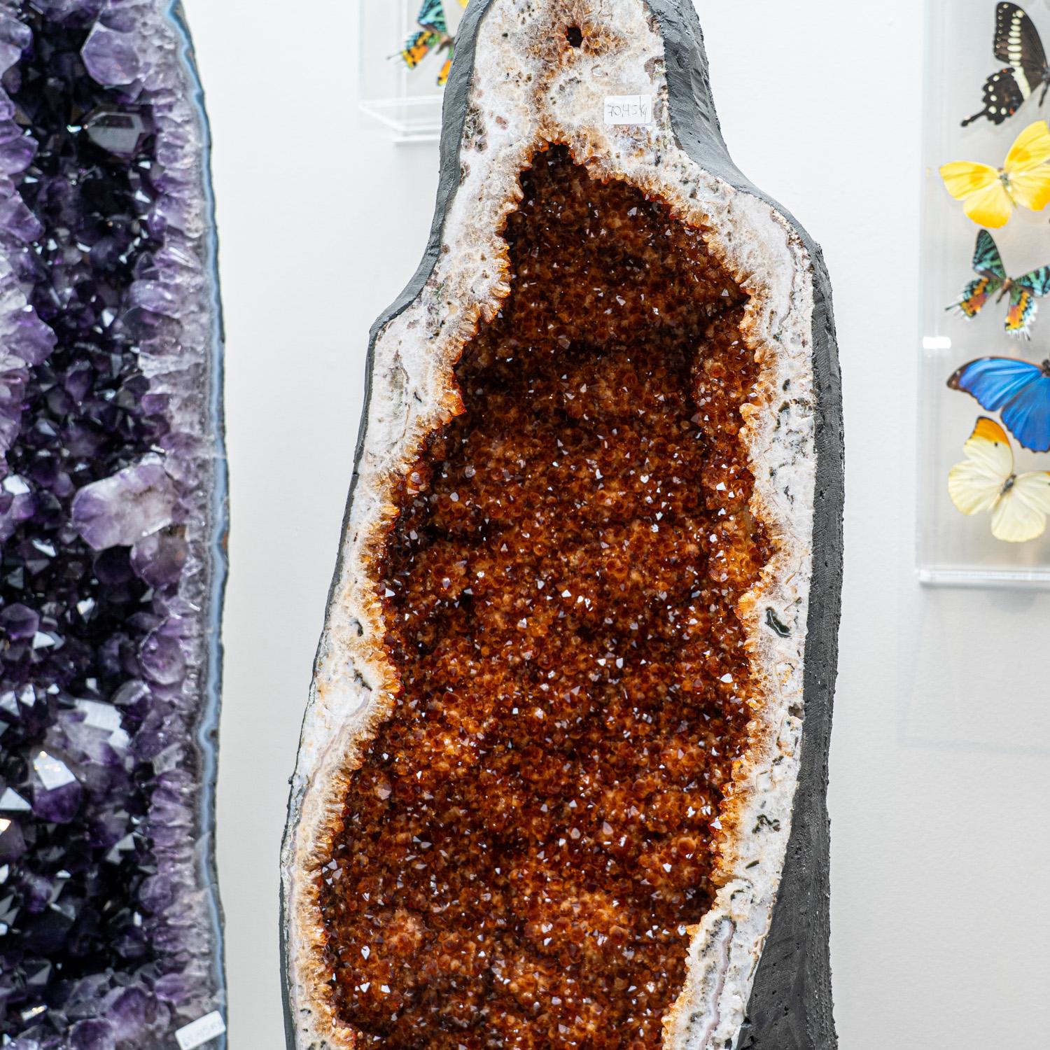 This Massive museum quality, Citrine crystal clustered geode from Brazil is a top quality natural formation of gem citrine. This specimen showcases a full lining of radiant, golden quartz crystals and features vibrant orange and yellow hues with