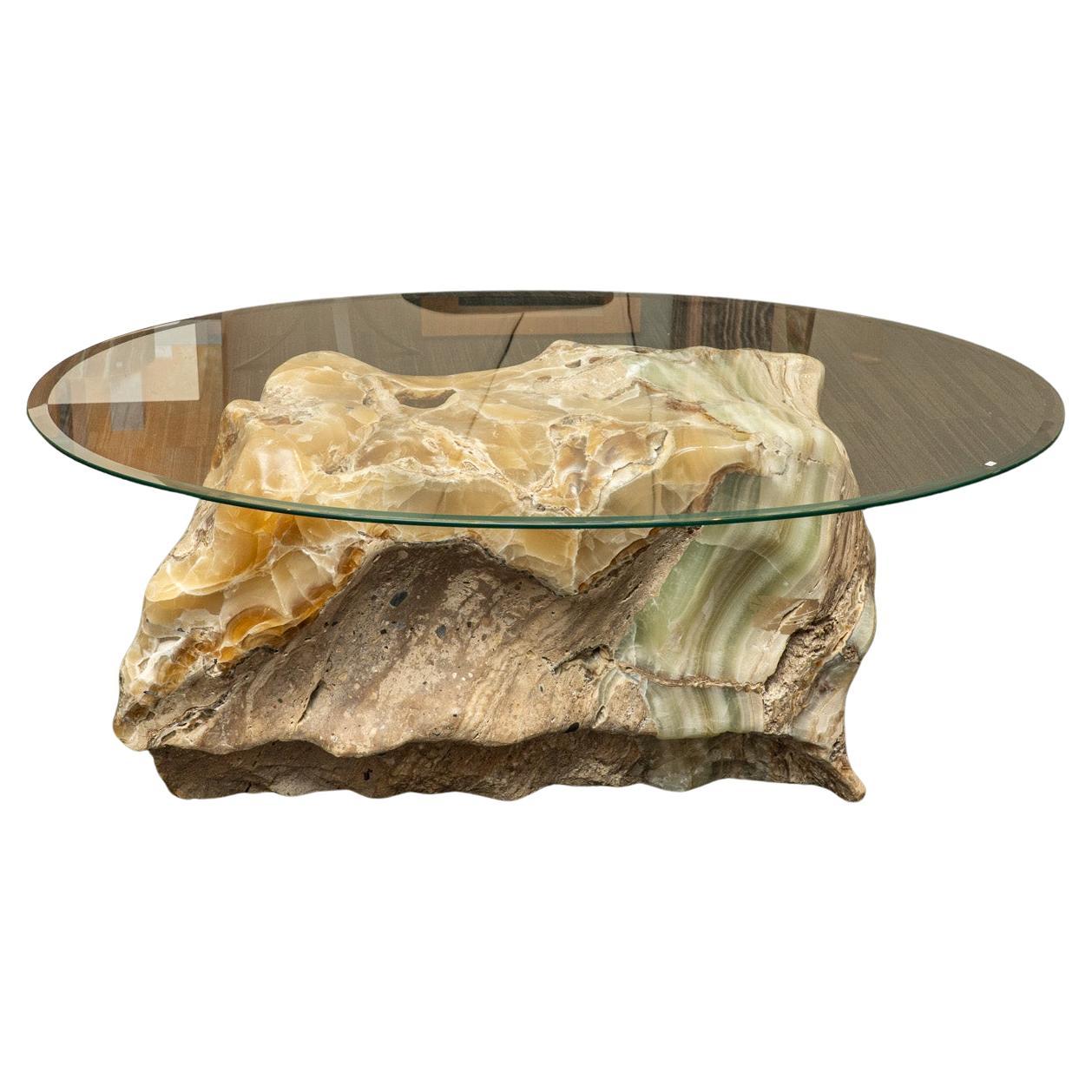 Large Genuine Polished Onyx Pedestal End Table (With Glass Top)