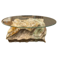 Large Genuine Polished Onyx Pedestal End Table (With Glass Top)