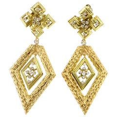 Large Geometric 14 Karat Gold and Diamond Midcentury Earring, circa 1960