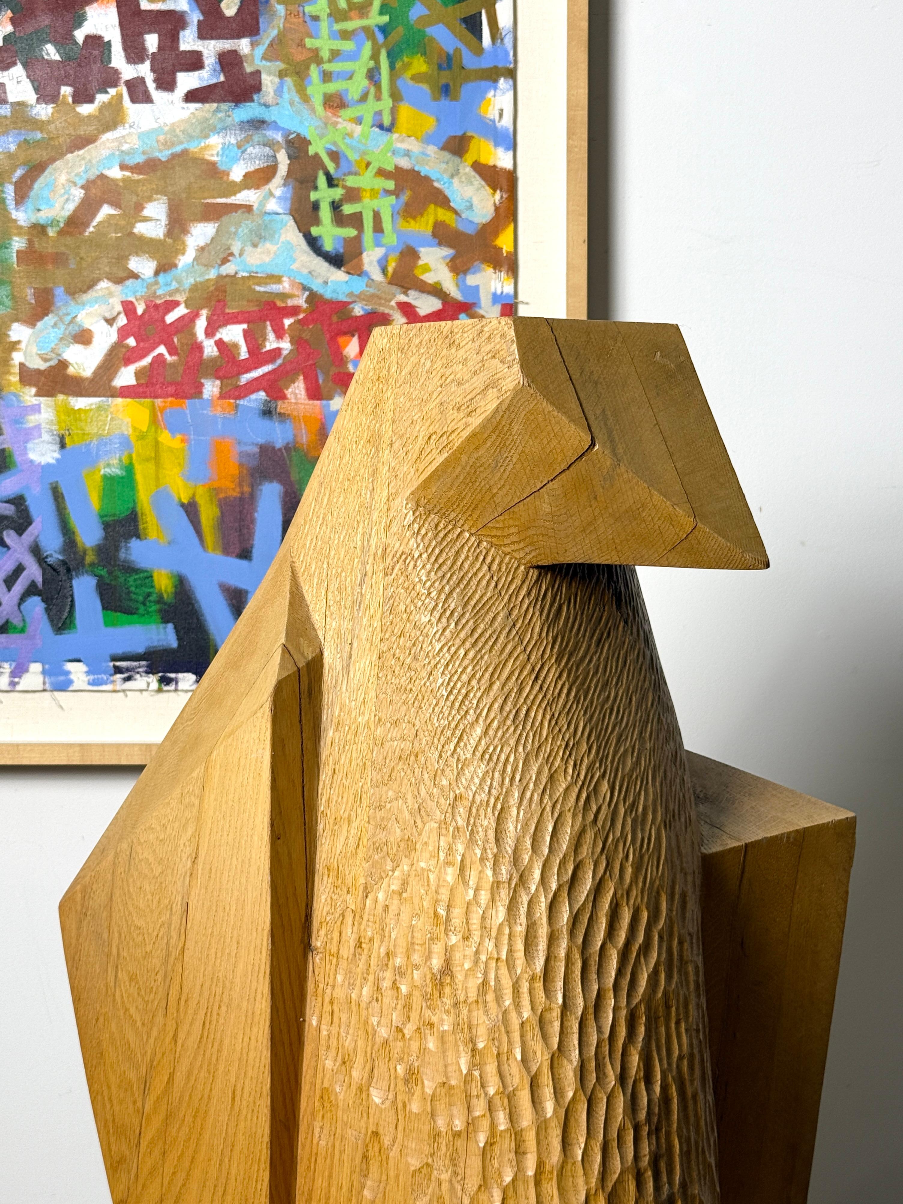American Large Geometric Abstract Modernist Hand Carved Wooden Bird Floor Sculpture 1980s For Sale