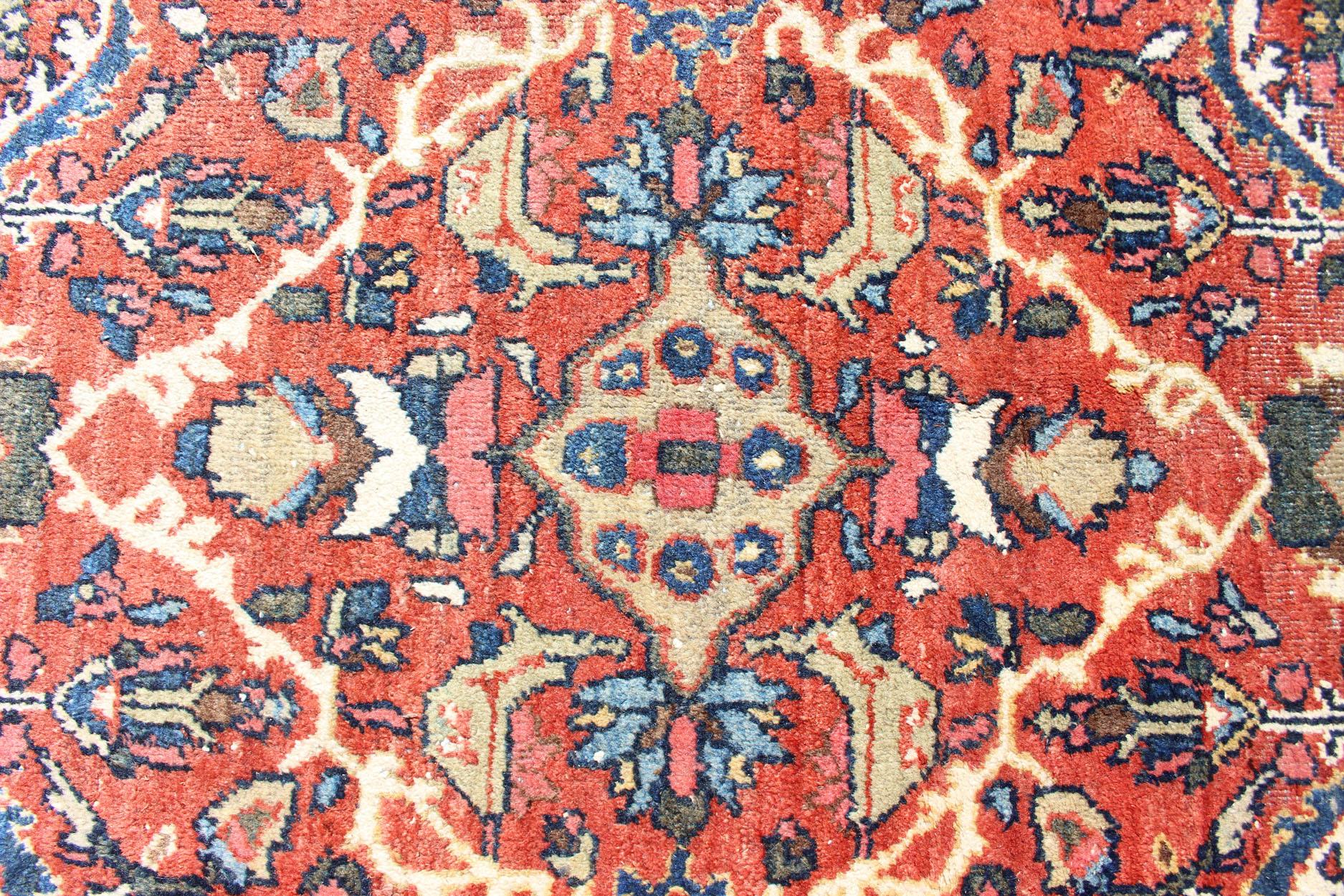 Large Geometric Antique Persian Mahal-Sultanabad Colorful Rug in Soft Rust Red For Sale 4