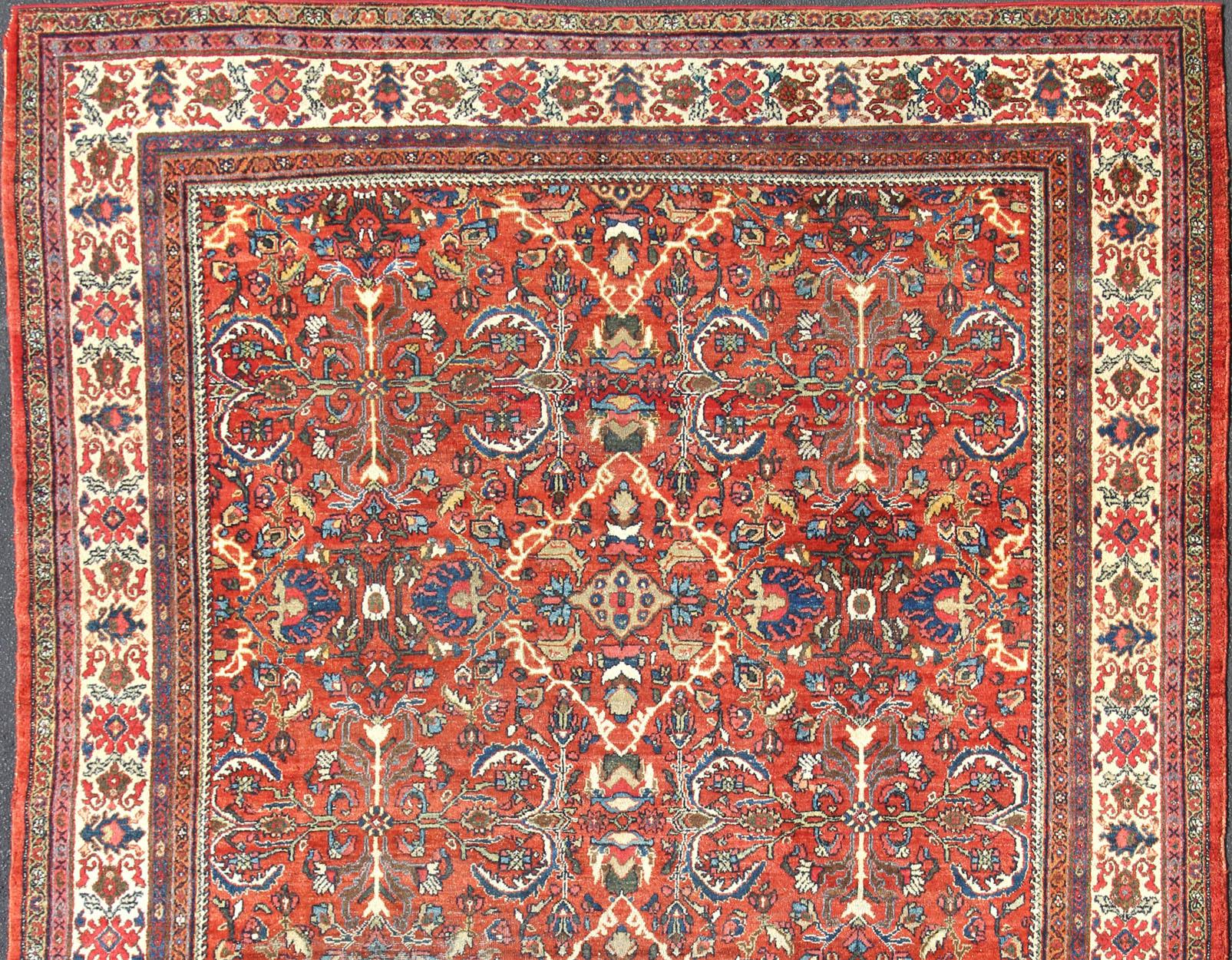 Hand-Knotted Large Geometric Antique Persian Mahal-Sultanabad Colorful Rug in Soft Rust Red For Sale