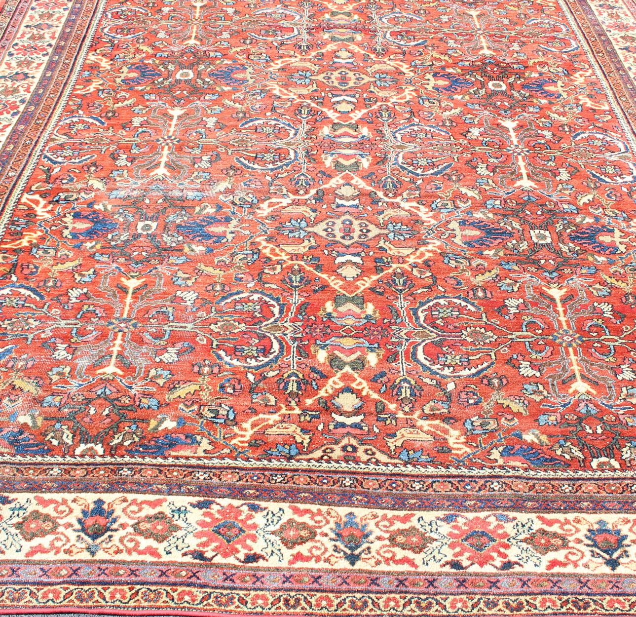 Large Geometric Antique Persian Mahal-Sultanabad Colorful Rug in Soft Rust Red For Sale 1