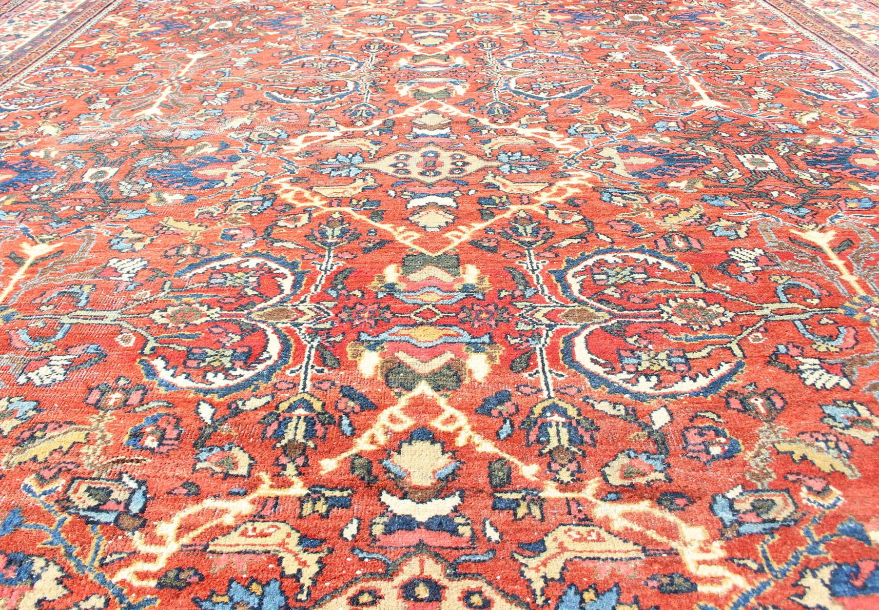 Large Geometric Antique Persian Mahal-Sultanabad Colorful Rug in Soft Rust Red For Sale 2