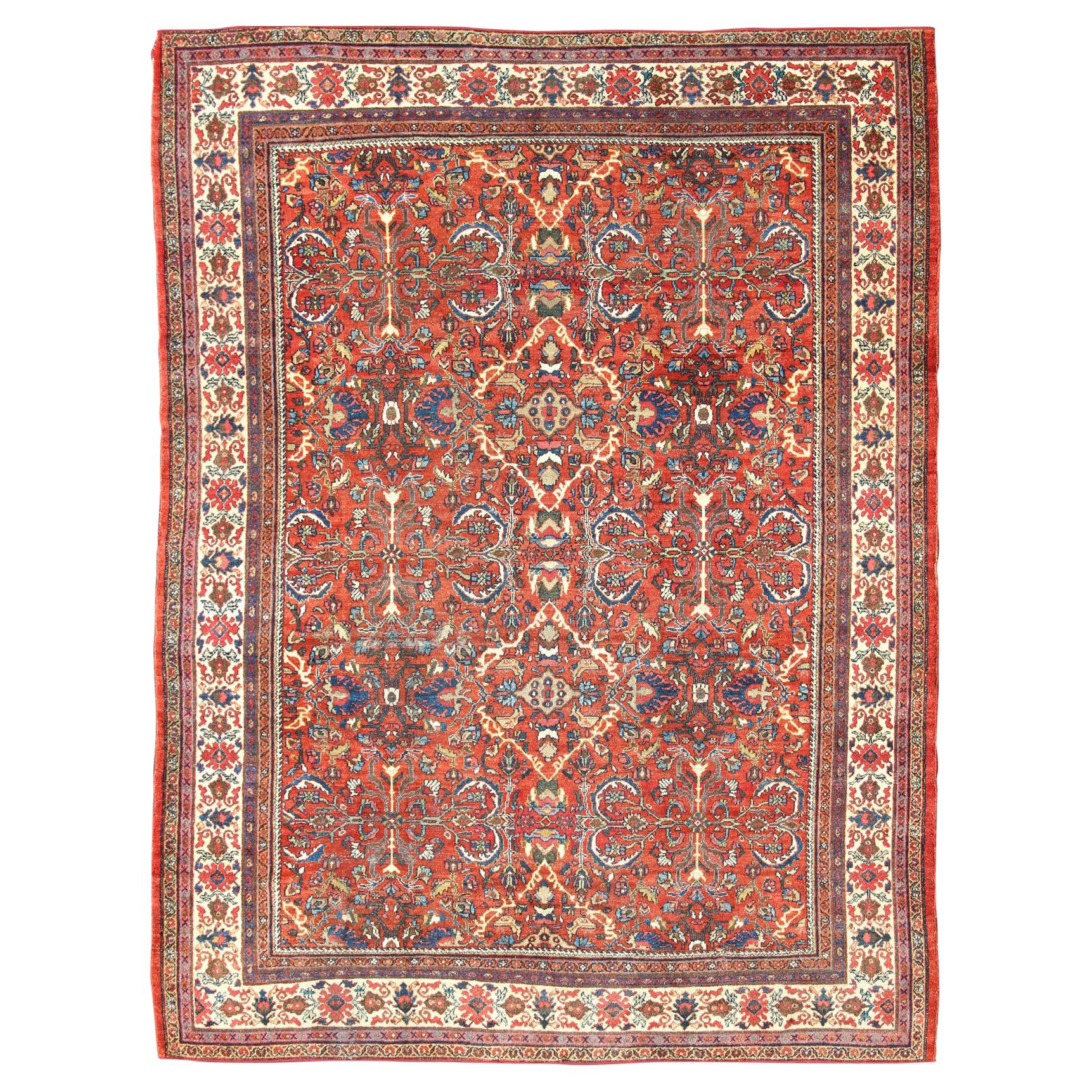Large Geometric Antique Persian Mahal-Sultanabad Colorful Rug in Soft Rust Red For Sale