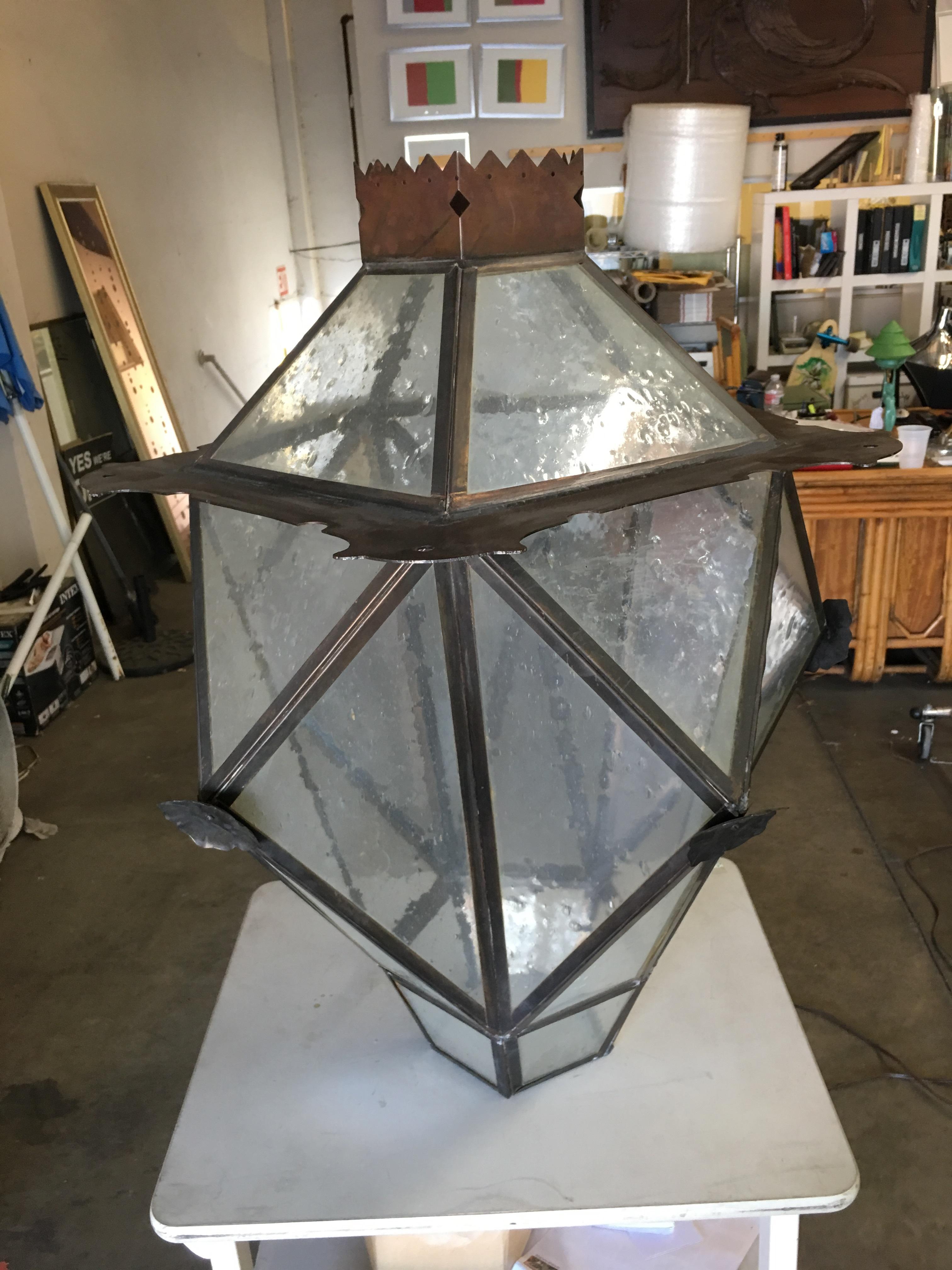 American Large Geometric Bronze and Copper Lantern in the Style of Lyman Drake For Sale