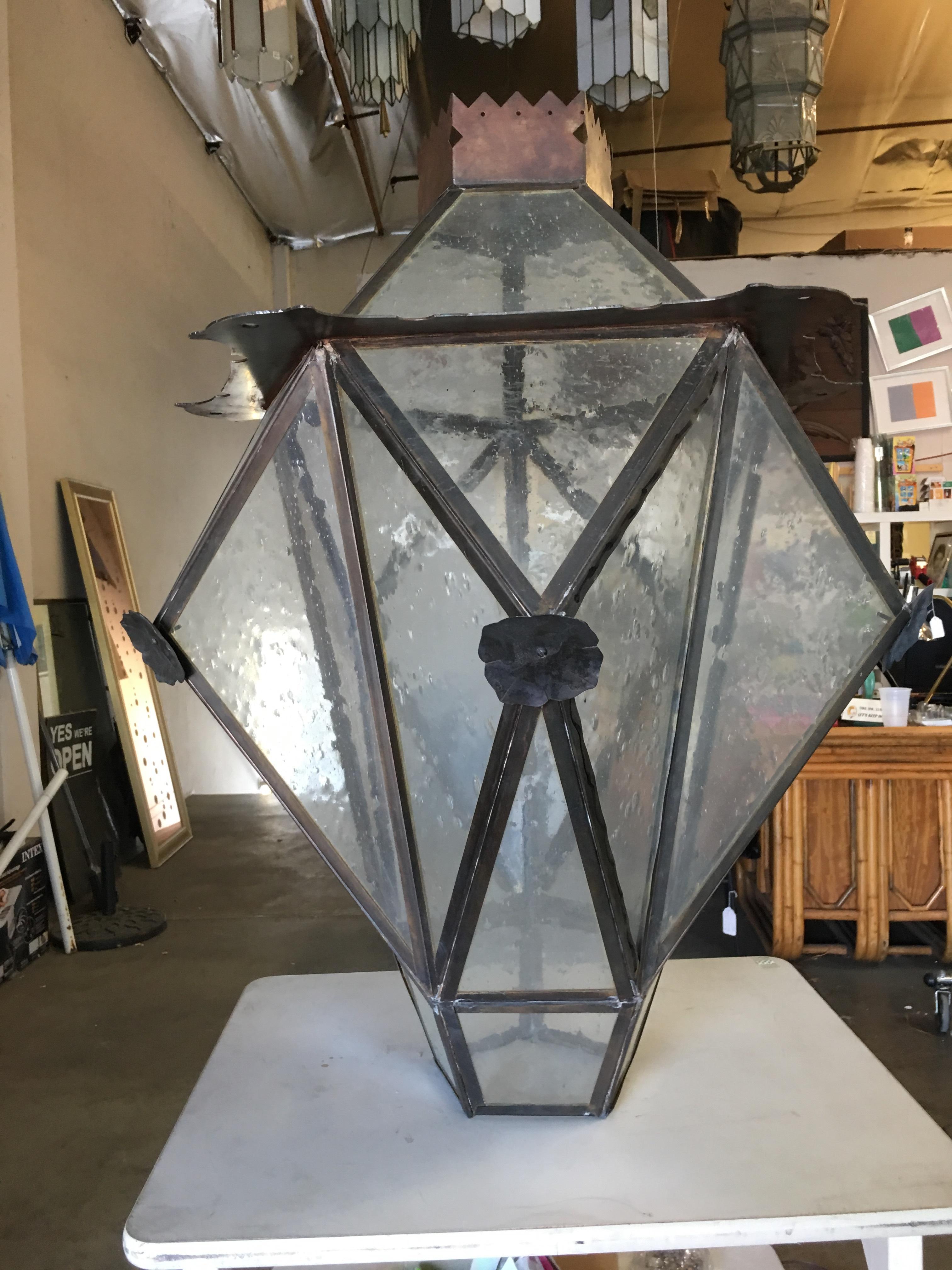Large Geometric Bronze and Copper Lantern in the Style of Lyman Drake In Excellent Condition For Sale In Van Nuys, CA