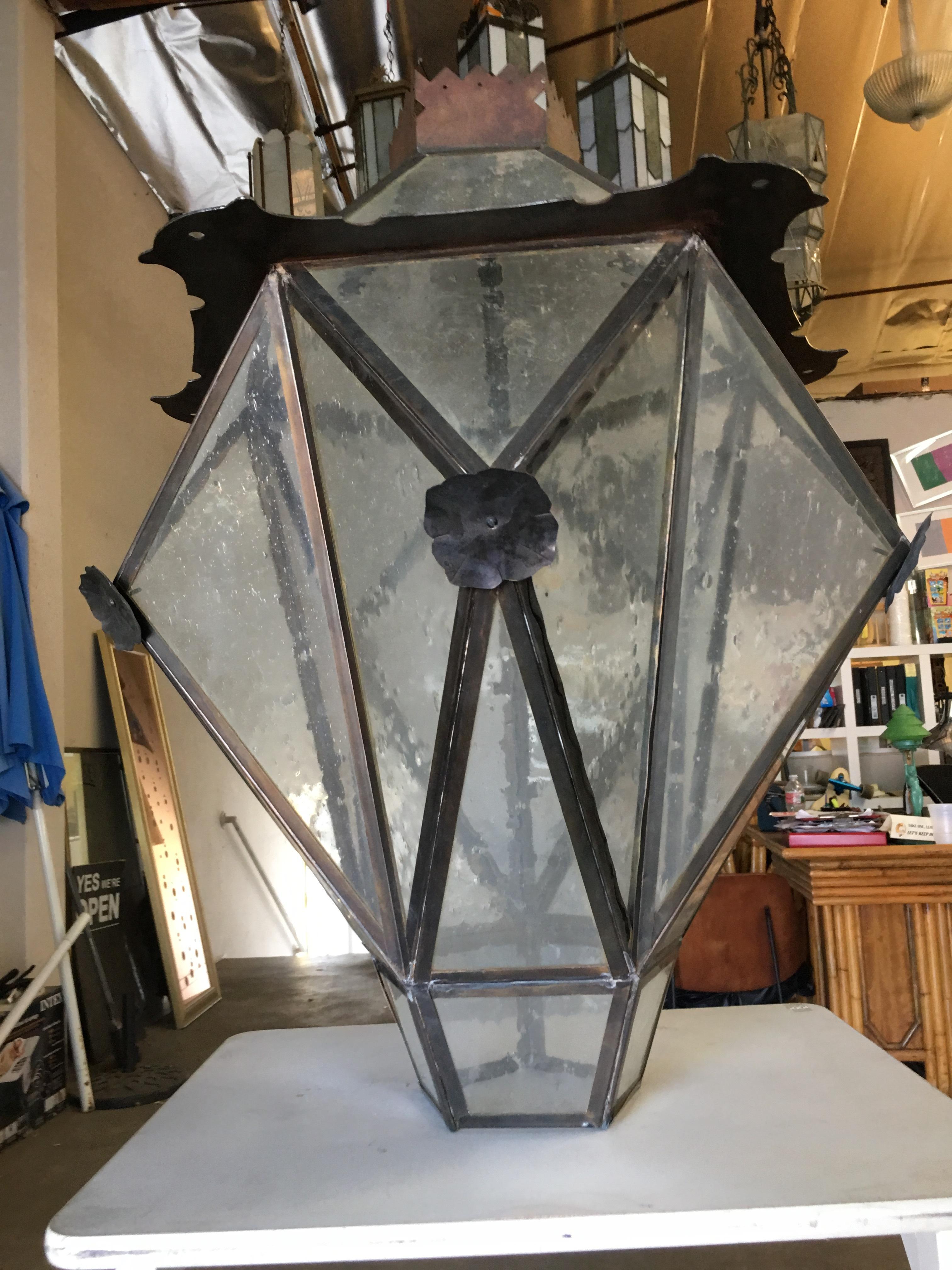 Late 20th Century Large Geometric Bronze and Copper Lantern in the Style of Lyman Drake For Sale