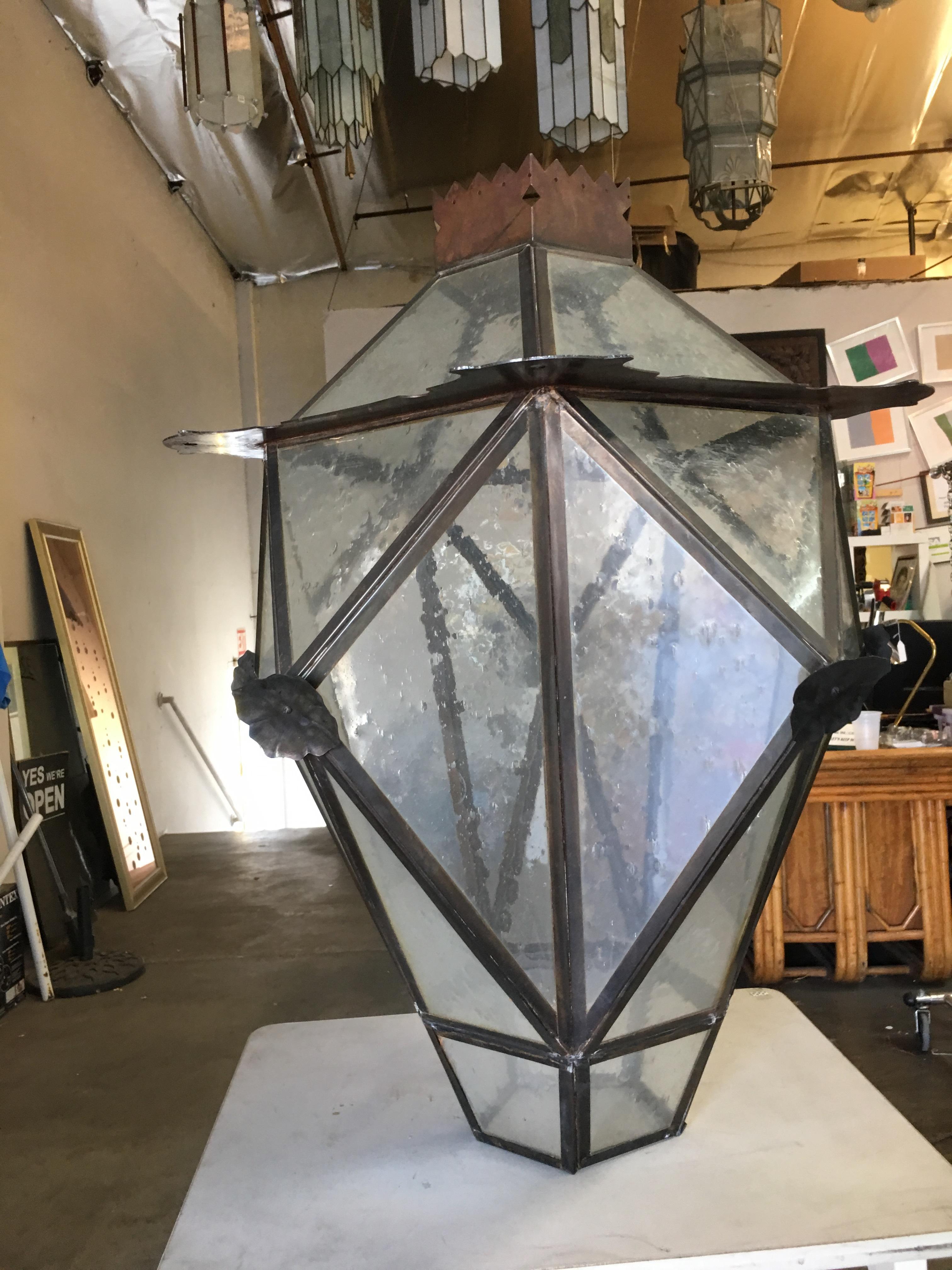 Large Geometric Bronze and Copper Lantern in the Style of Lyman Drake For Sale 2