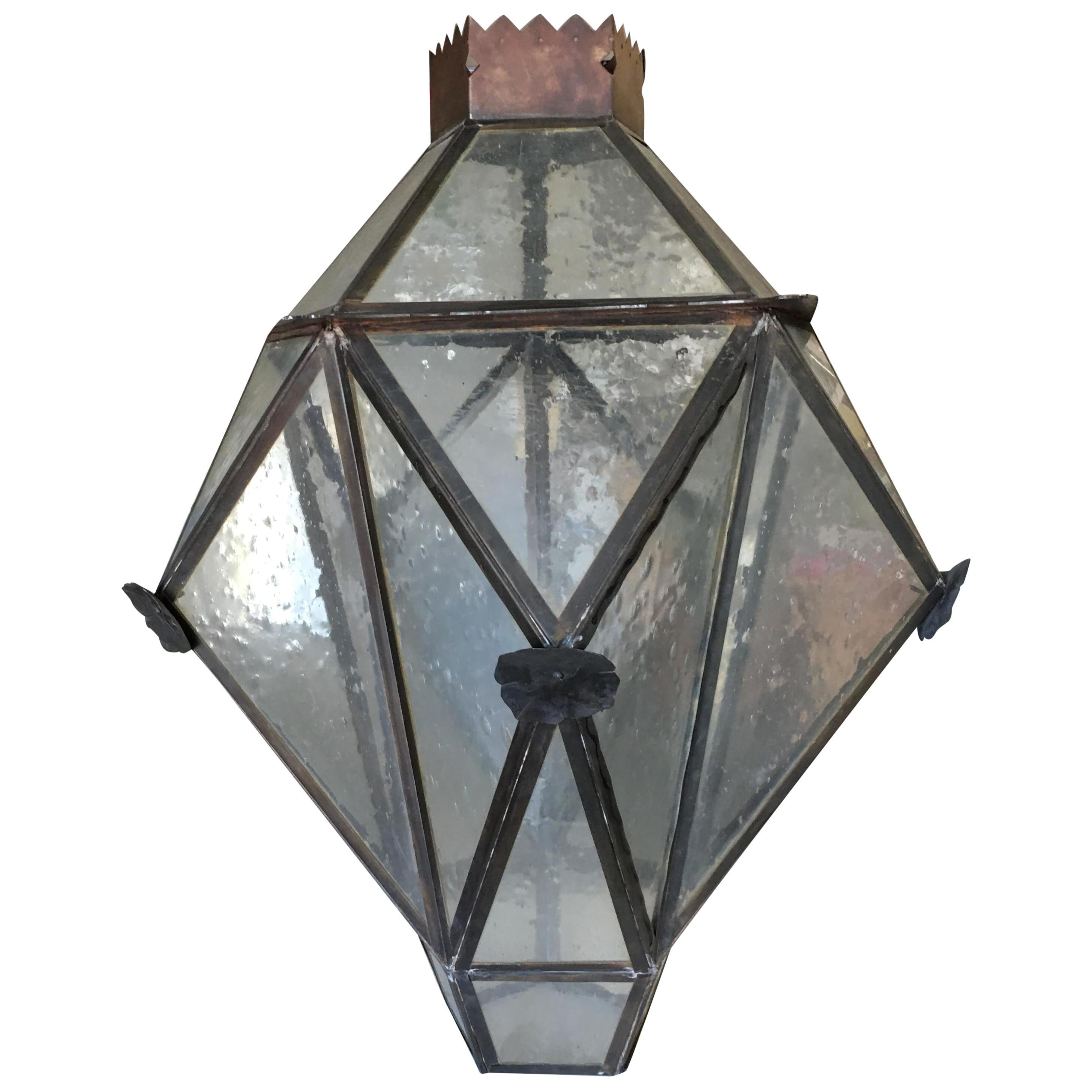 Large Geometric Bronze and Copper Lantern in the Style of Lyman Drake For Sale