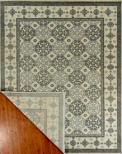 Large Geometric Hand-Knotted Wool Rug in Ivory and Charcoal