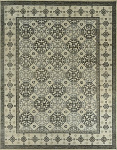 Large Geometric Hand-Knotted Wool Rug in Ivory and Charcoal