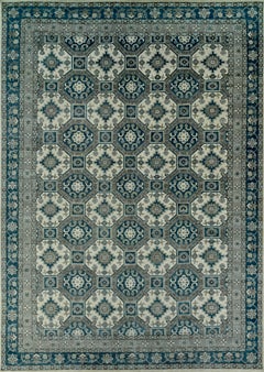 Large Geometric Hand-Knotted Wool Rug in Ivory and Sapphire Blue