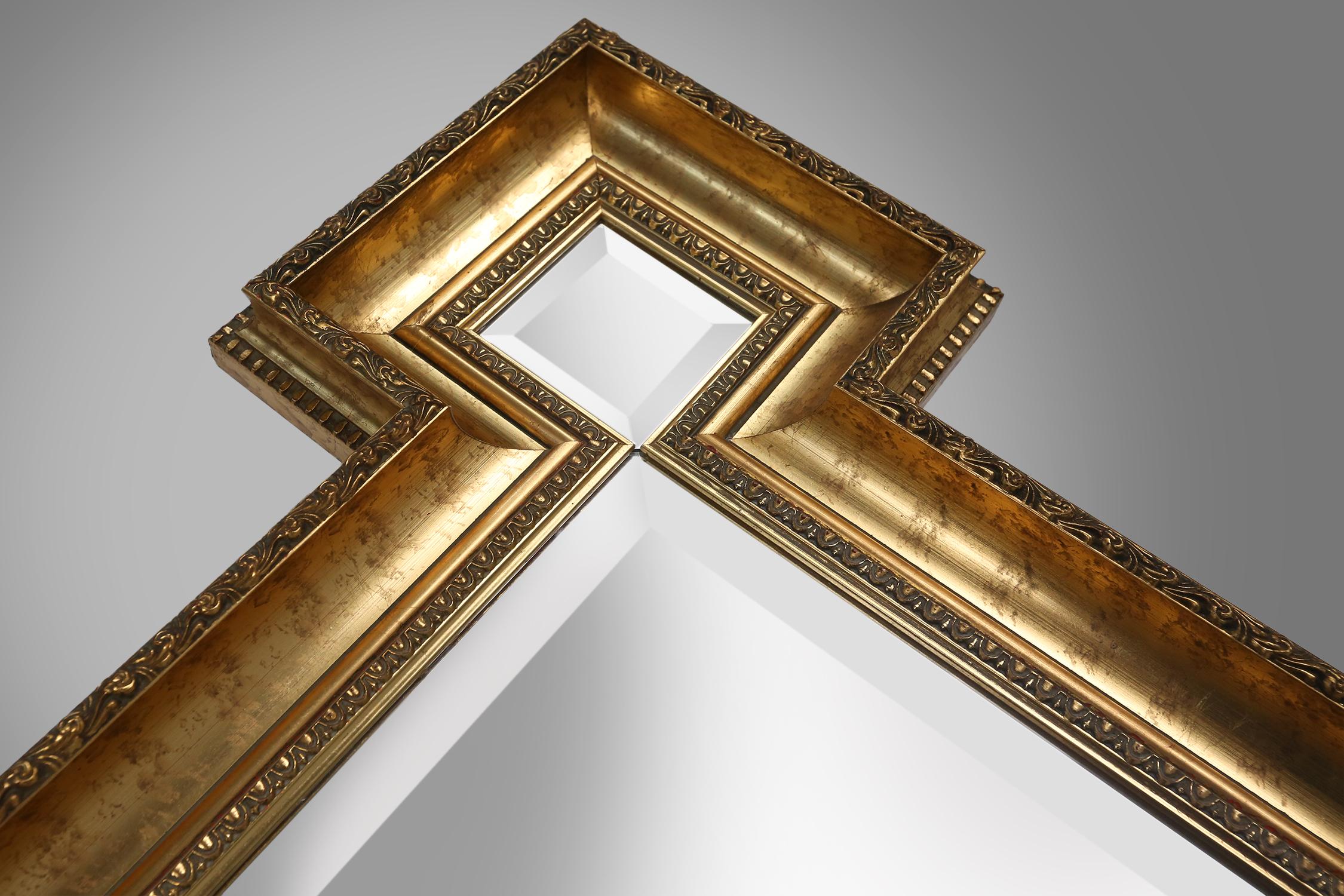 Mid-Century Modern Large geometric lined golden belgian mirror, 1950s For Sale