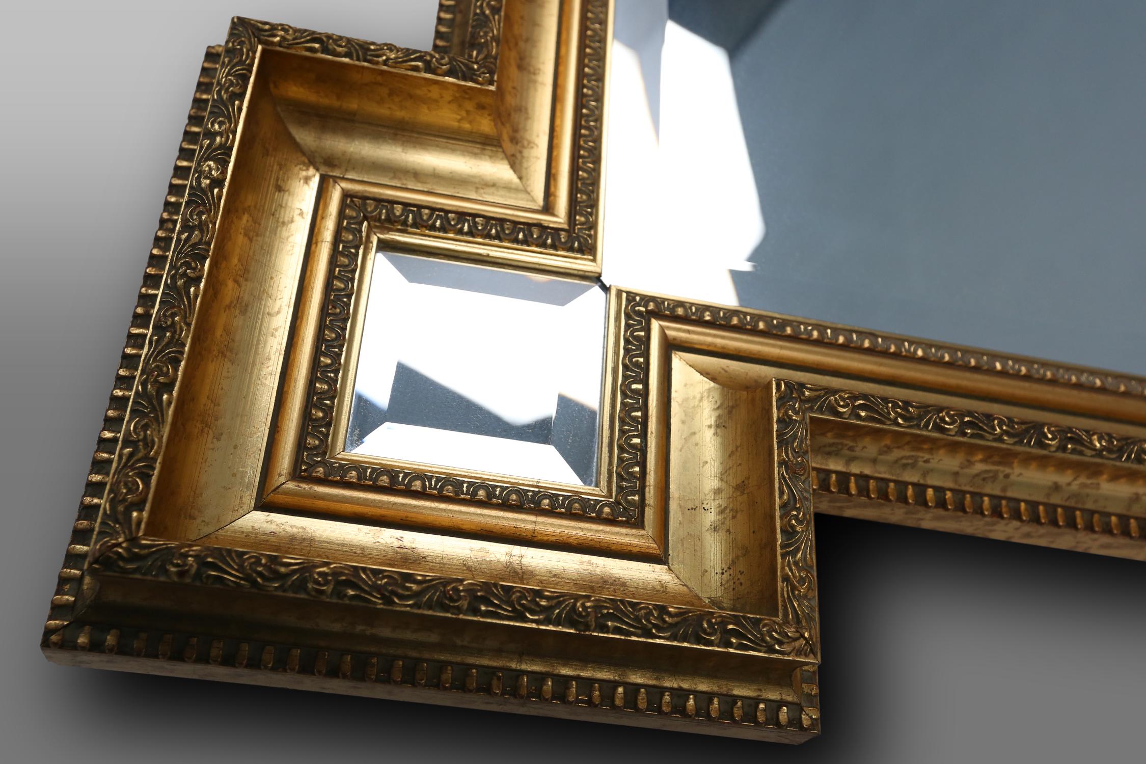 Large geometric lined golden belgian mirror, 1950s For Sale 1