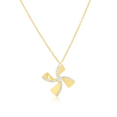 Large Geometric Modern Flower Fan White Diamond Pendant Necklace 14K Yellow Gold