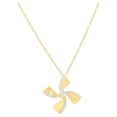 Large Geometric Modern Flower Fan White Diamond Pendant Necklace 14K Yellow Gold