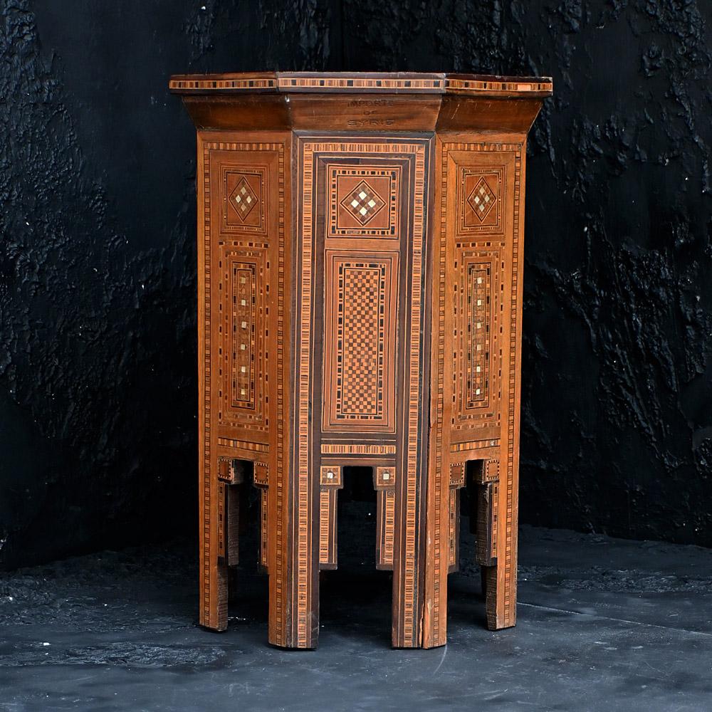 Large Geometric Shaped Early 20th century Damascus Side Table 

A highly decorative Early 20th century inlaid Damascus side tables. Displaying highly detailed geometric inlaid pattern work, stamped IMPORTE OF SYRIE, easily placed interior design