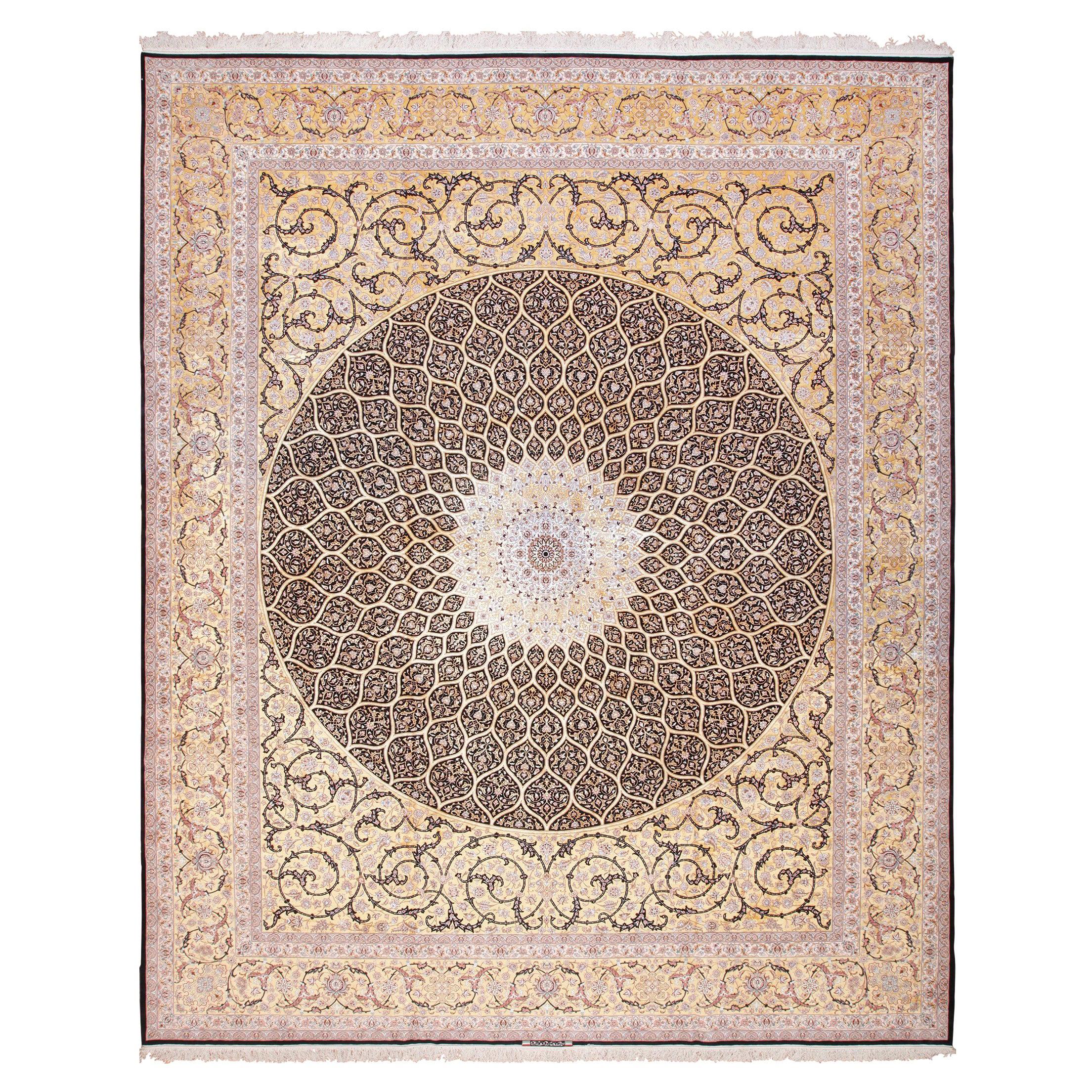 Large Geometric Silk and Wool Vintage Isfahan Persian Rug. Size 13' 3