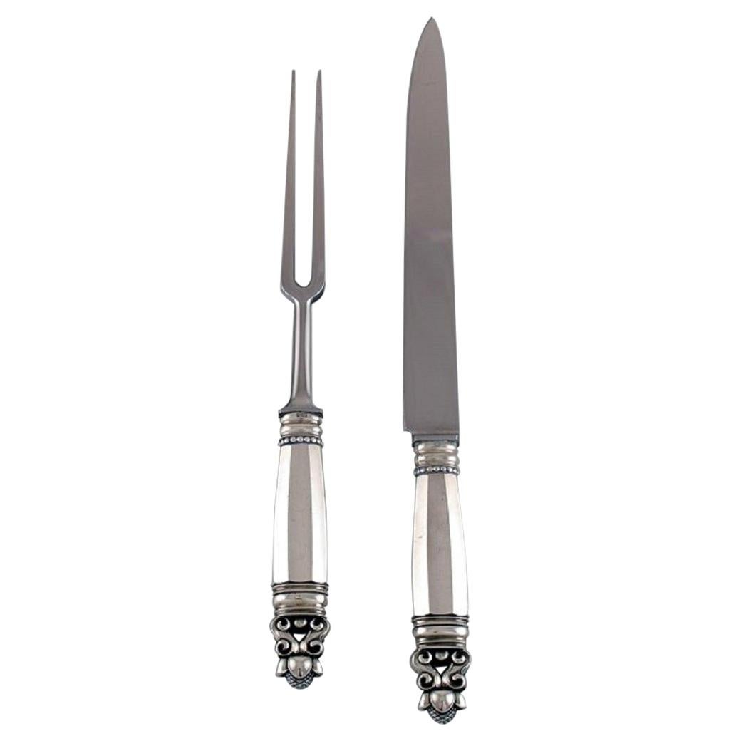 Large Georg Jensen Acorn Carving Set in Sterling Silver and Stainless Steel For Sale