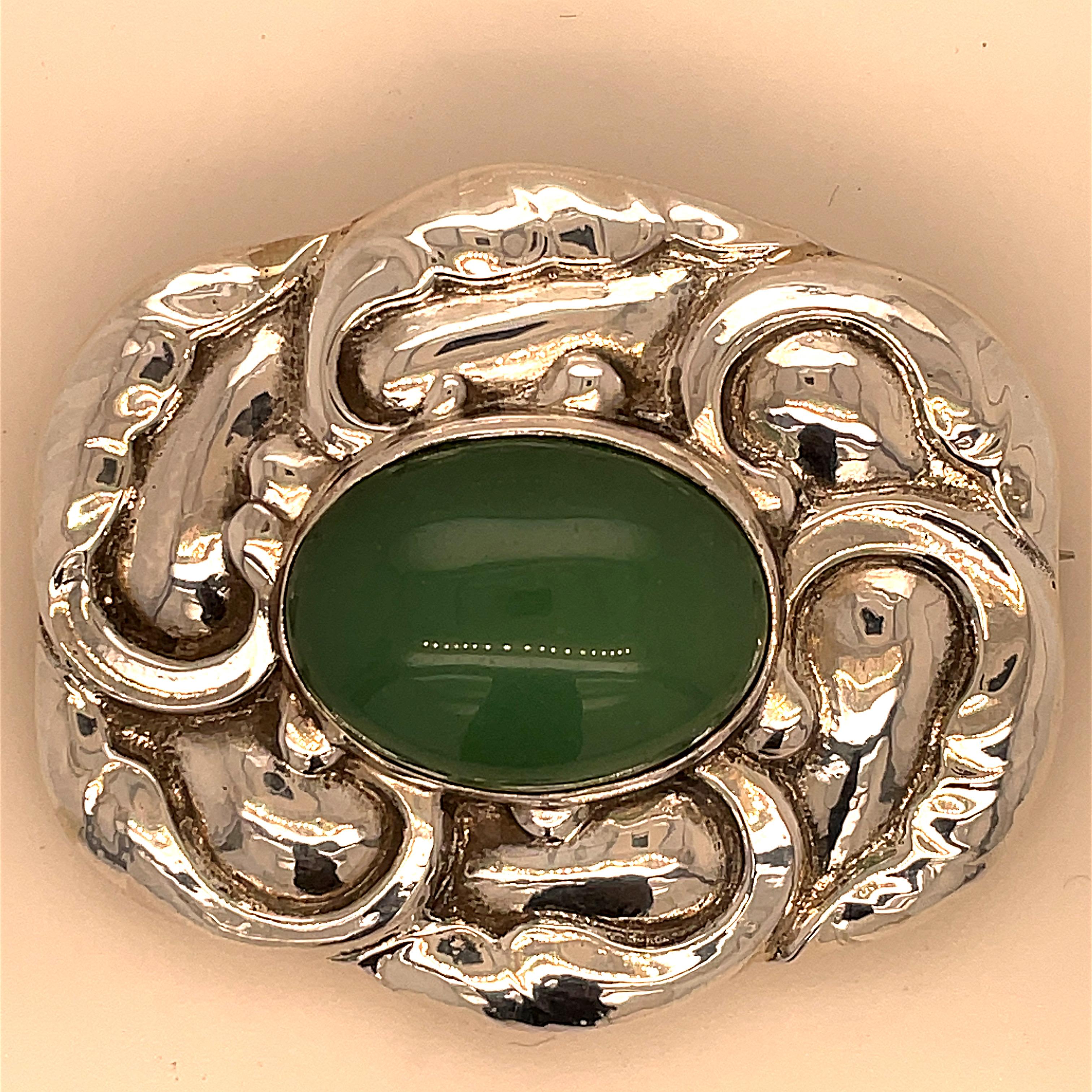 Large Georg Jensen Sterling & Chrysoprase Pin In Excellent Condition For Sale In New York, NY