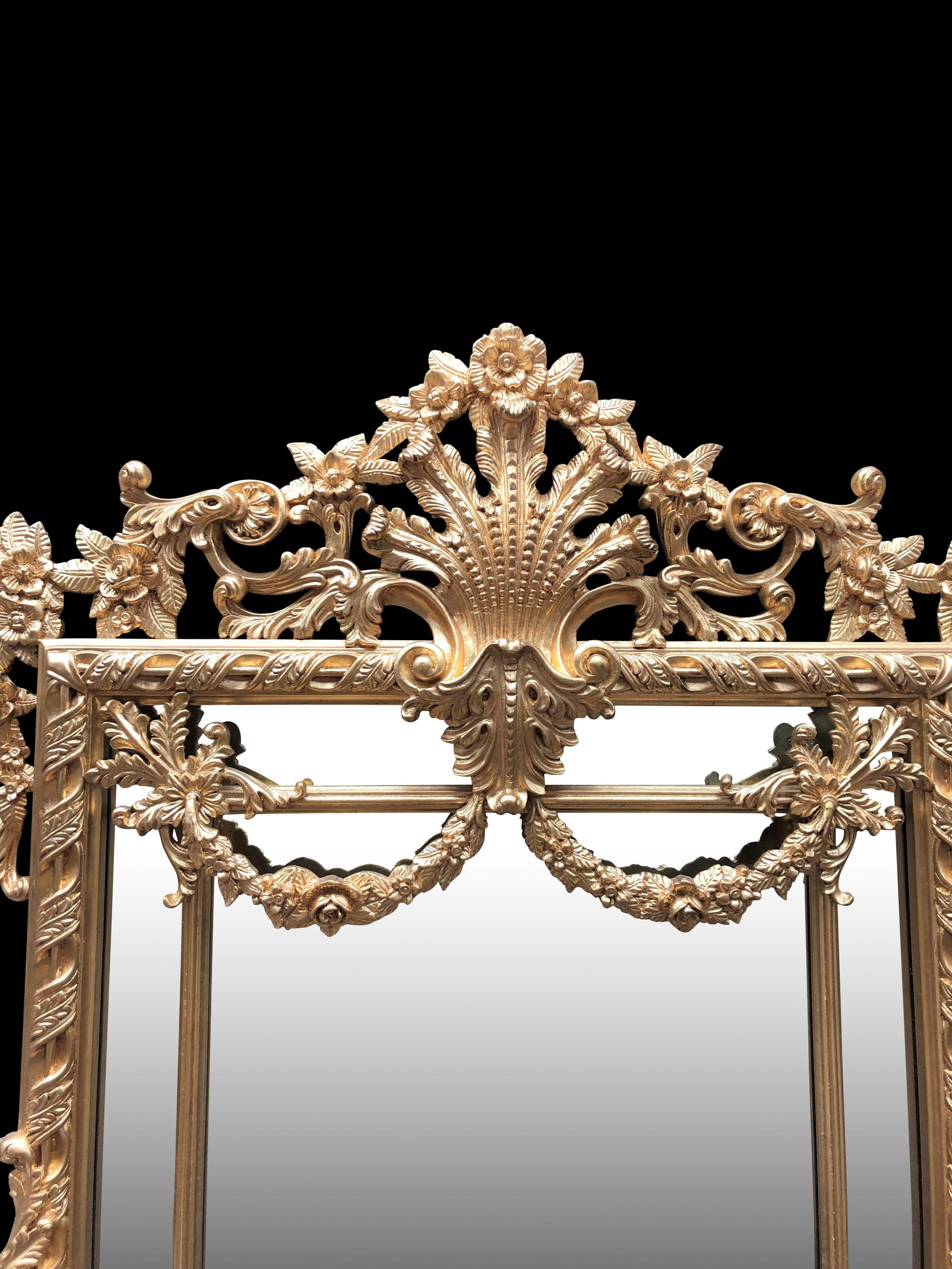 Hand-Carved Large George II Gilt Pier Mirror, Carved Wood, 20th Century