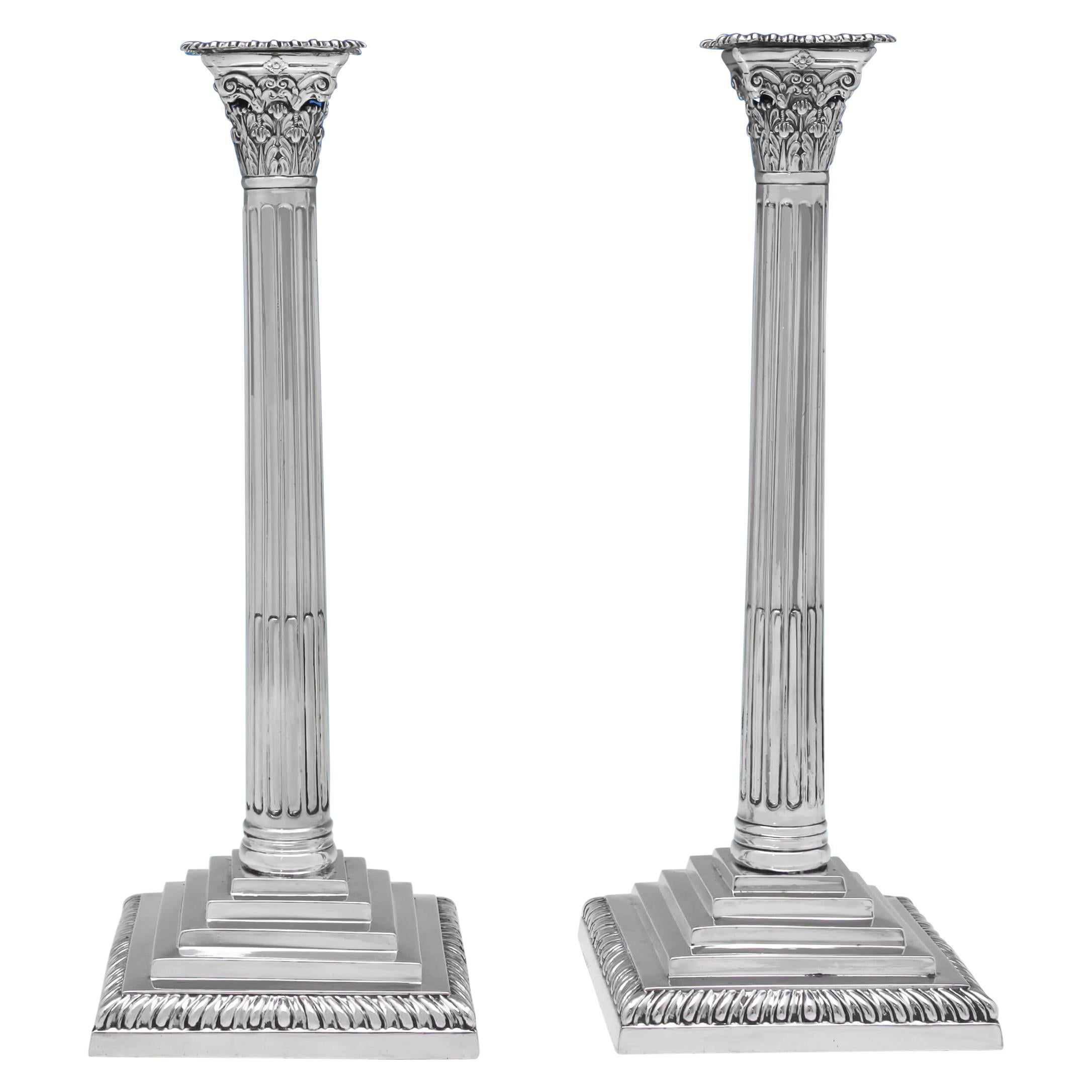 Large George III Antique Sterling Silver Pair of Corinthian Candlesticks, 1765