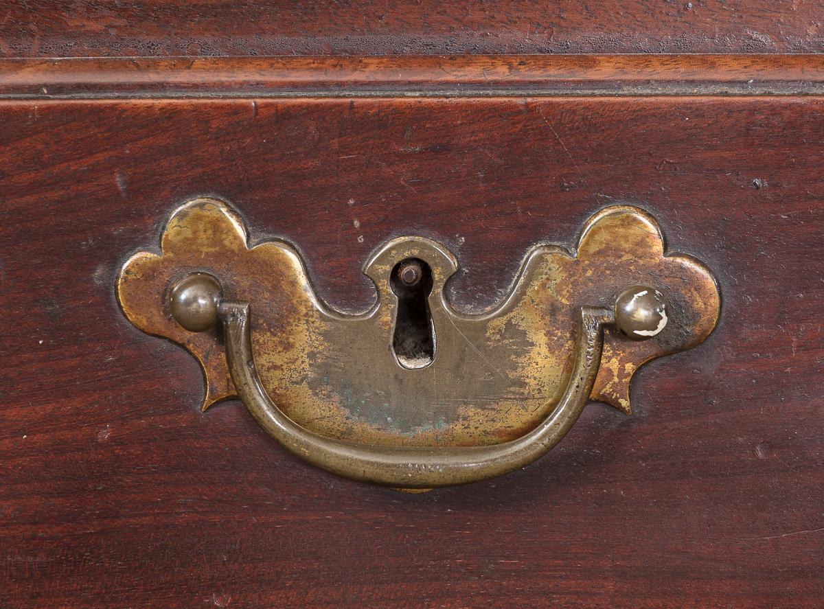 George Large Blanket Chest on Stand con portamento alto, sollevato sul supporto originale, con due lunghi cassetti e rotelle originali in ottone, con una patina superficiale secca sul mahognay, con maniglie originali intatte in lacca